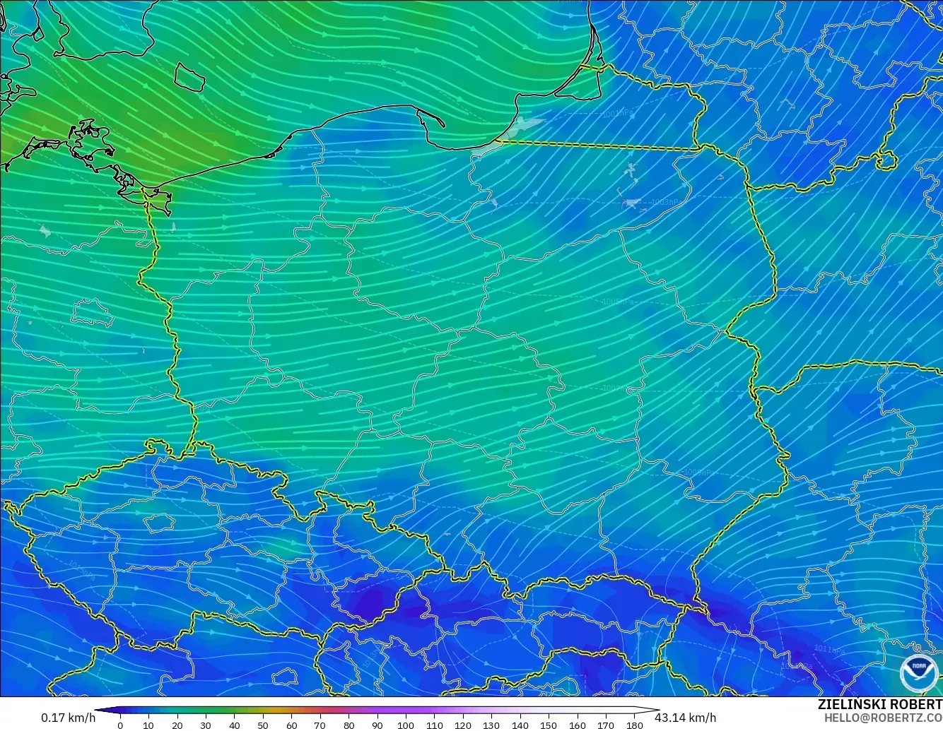 GFS modelo - Polônia, Vento a 10 m