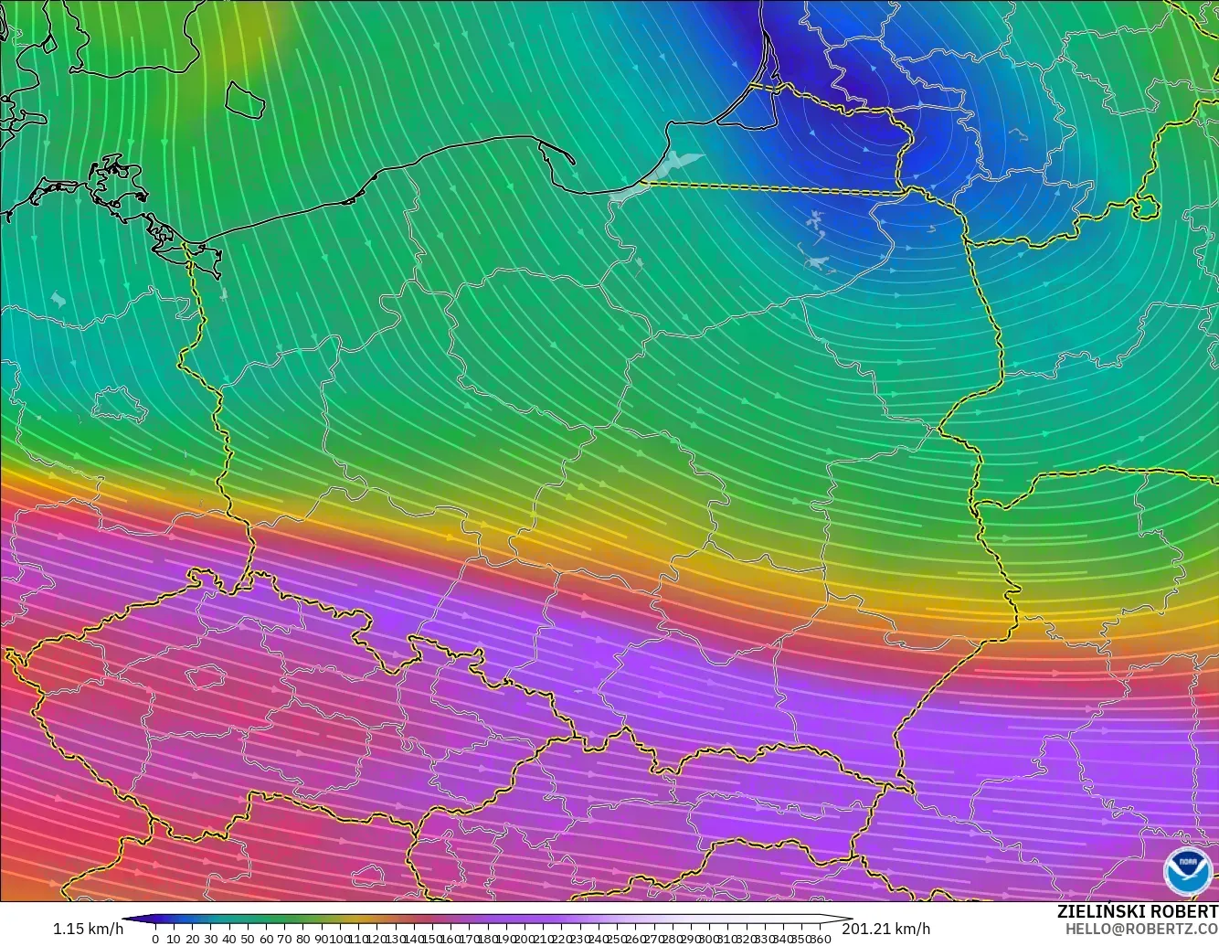 GFS modelo - Polônia, Vento a 300 hPa (corrente em jato)