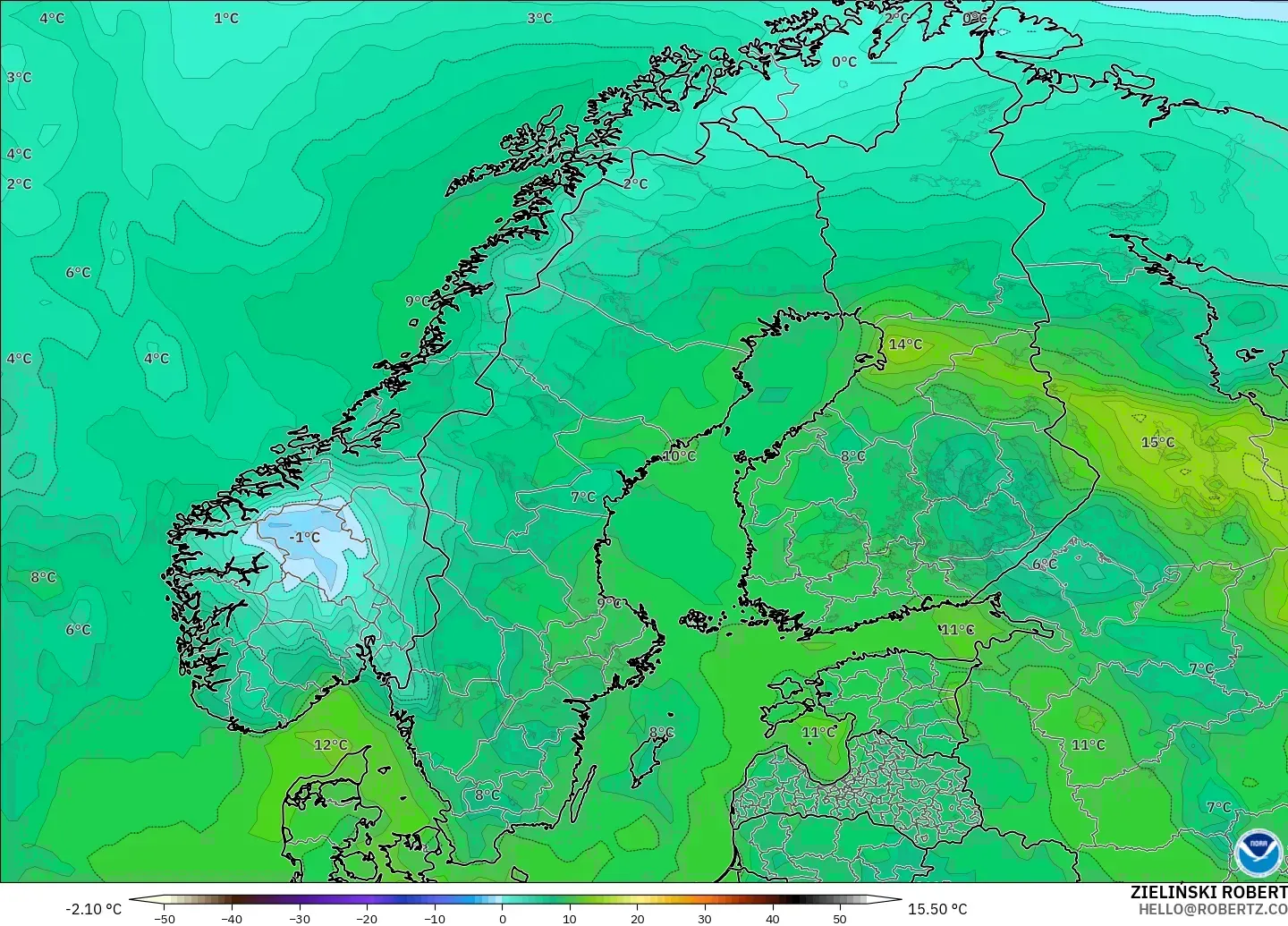 GFS modelo - Escandinávia, Ponto de orvalho a 2 m