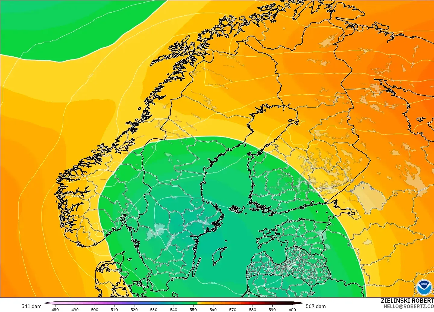 GFS modelo - Escandinávia, Altura geopotencial a 500 hPa