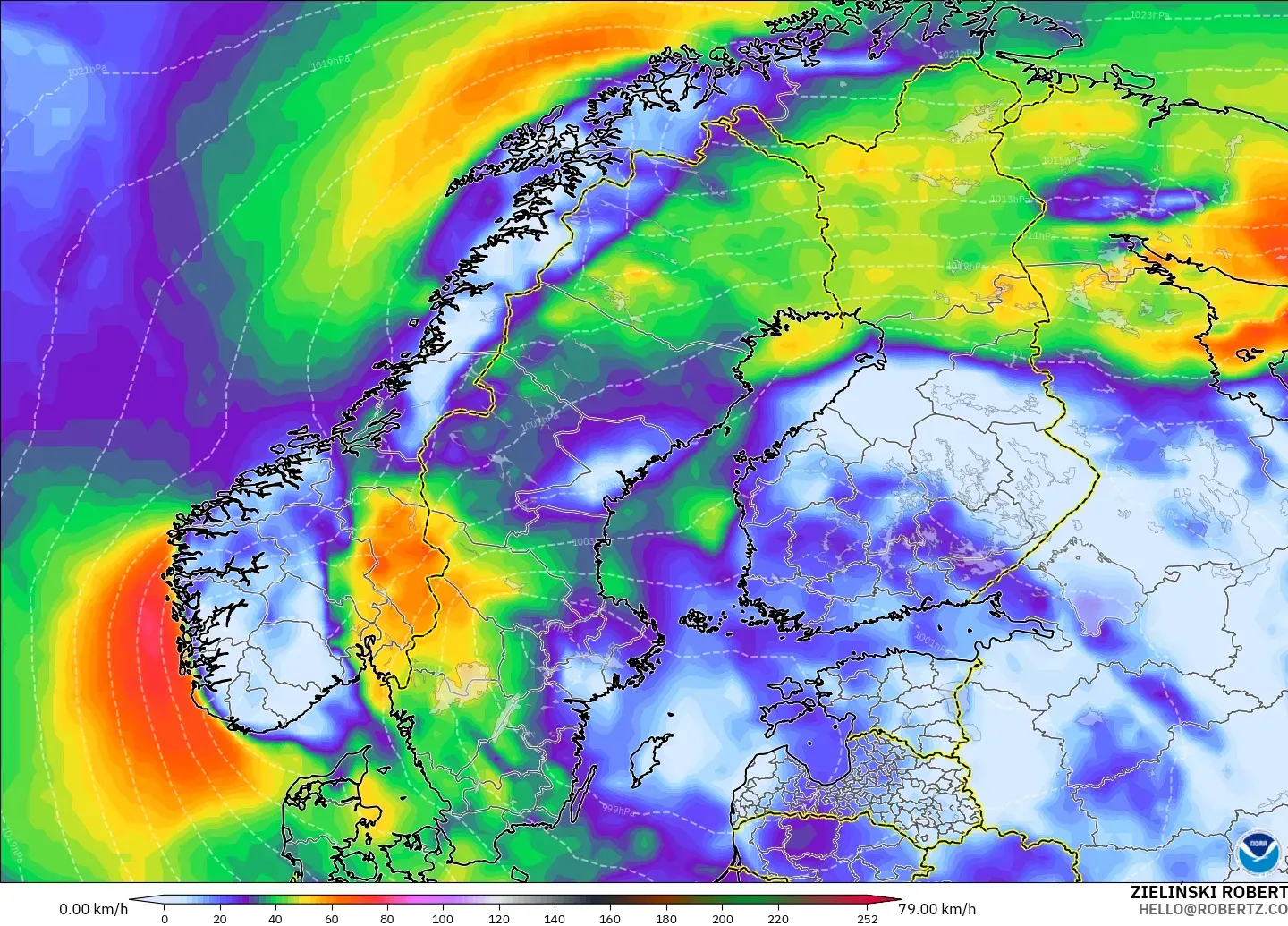 GFS modelo - Escandinávia, Rajadas de Vento Máximas