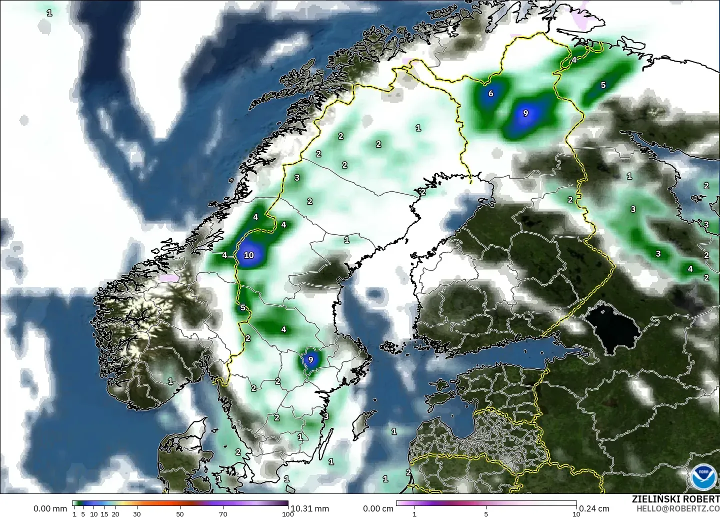 GFS modelo - Escandinávia, Precipitação, nuvens e pressão