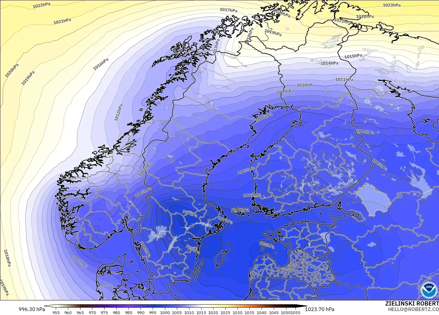 GFS modelo - Escandinávia, Pressão