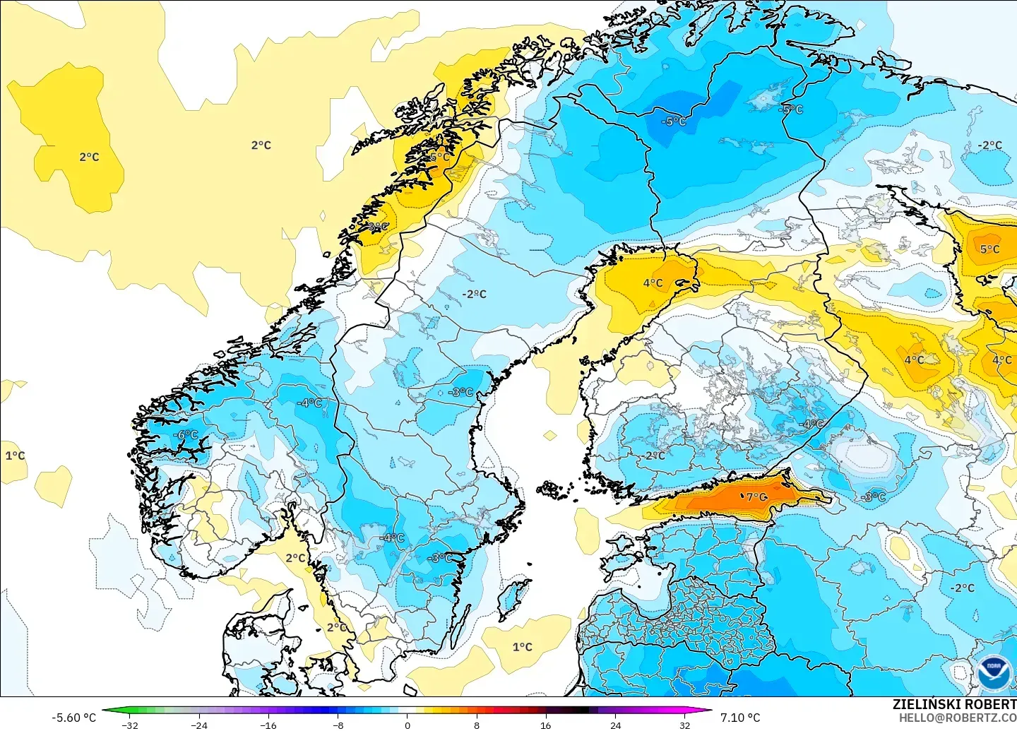 GFS modelo - Escandinávia, Anomalia de temperatura a 2 m