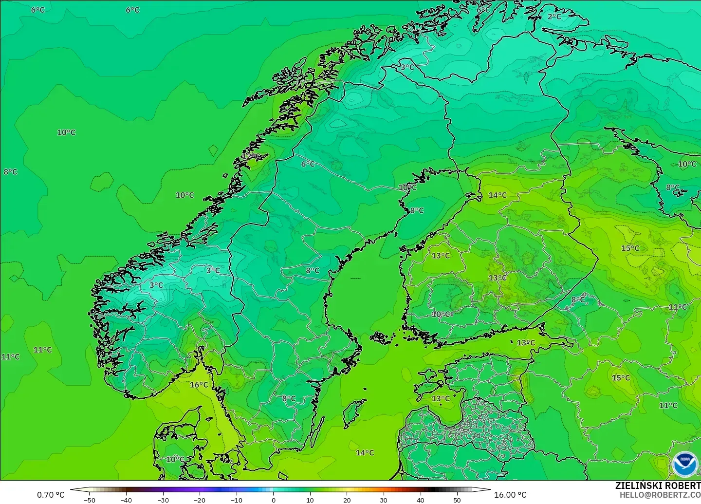 GFS modelo - Escandinávia, Temperatura a 2 m