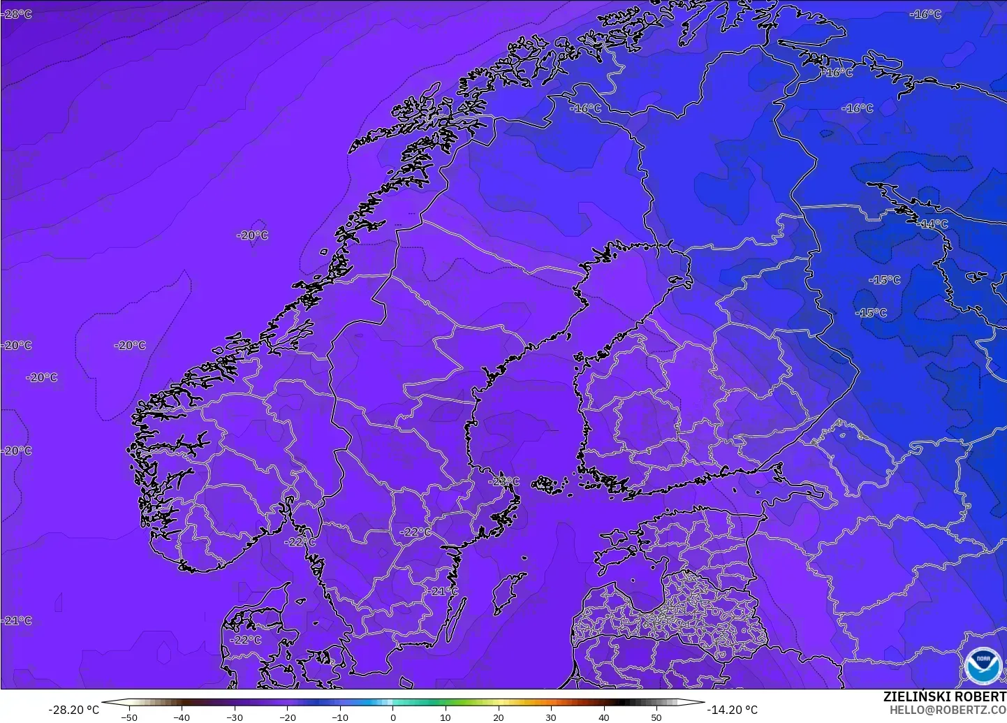 GFS modelo - Escandinávia, Temperatura a 500 hPa