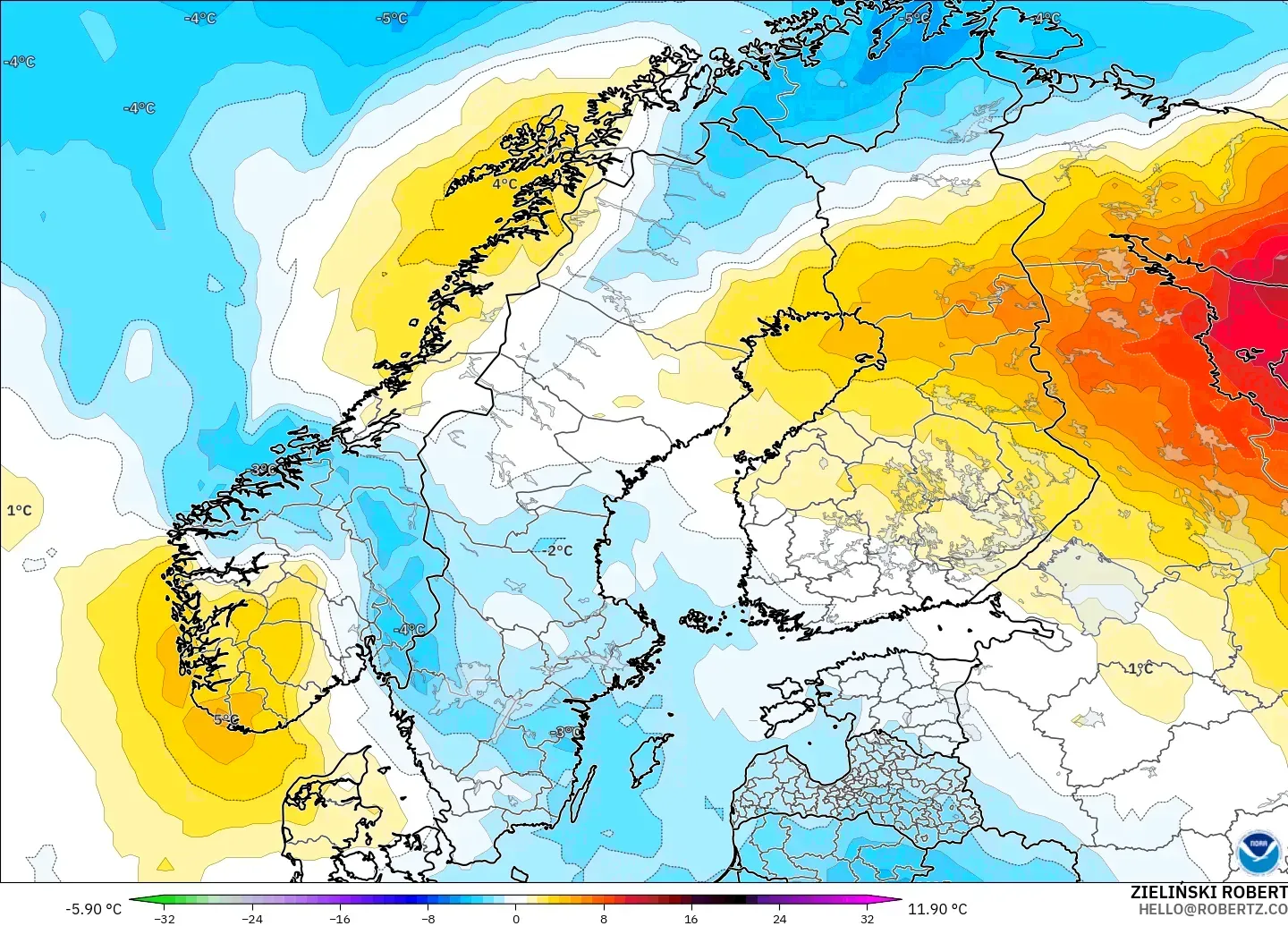 GFS modelo - Escandinávia, Anomalia de temperatura a 850 hPa