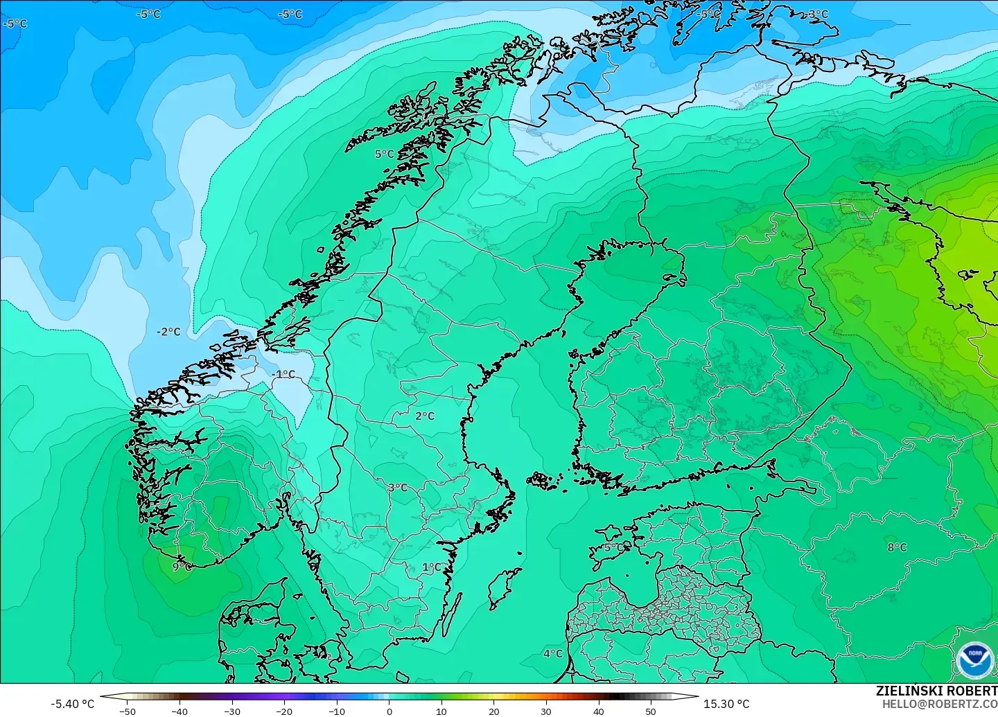GFS modelo - Escandinávia, Temperatura a 850 hPa