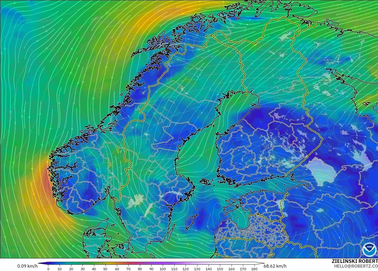 GFS modelo - Escandinávia, Vento a 10 m