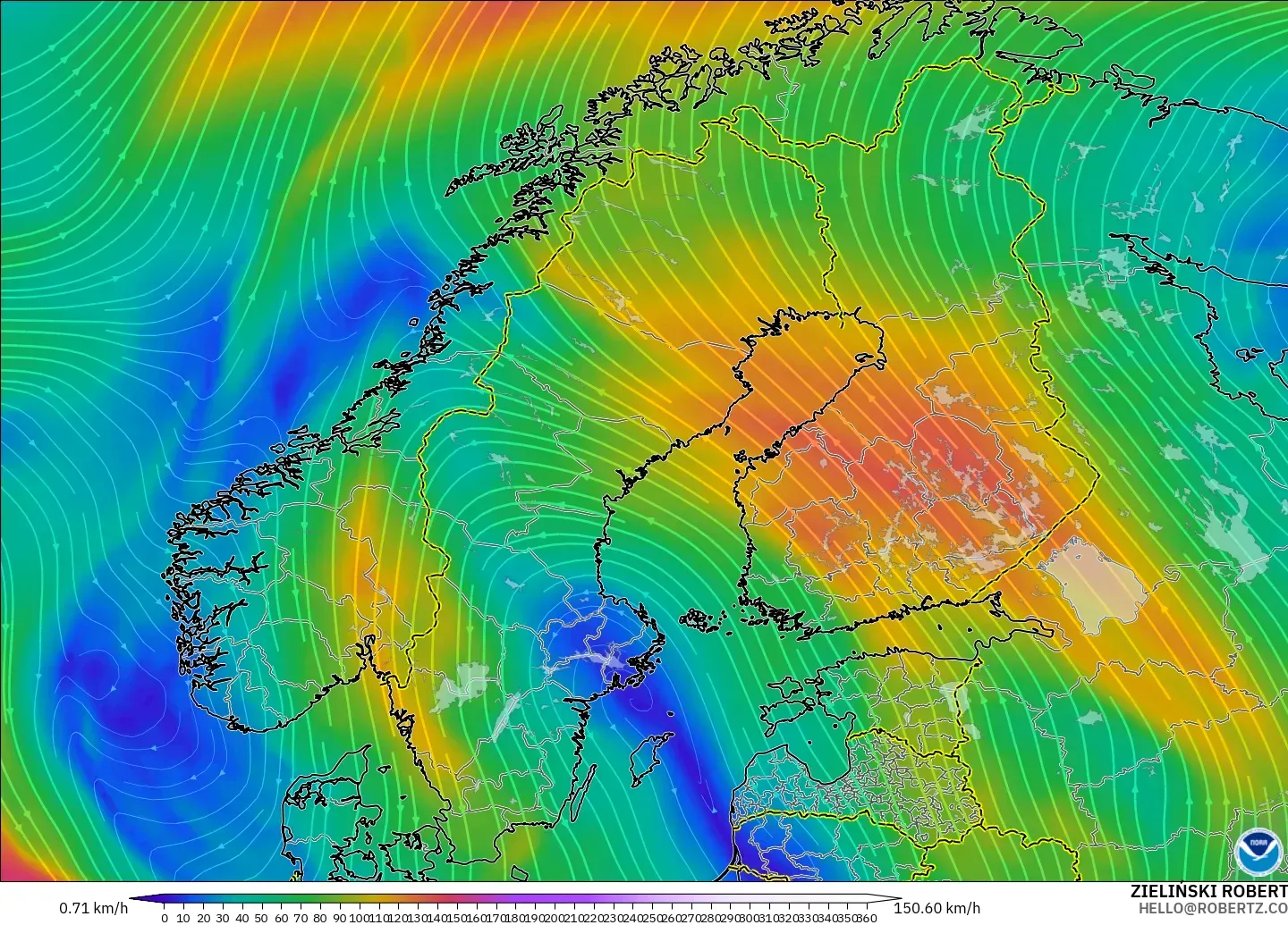 GFS modelo - Escandinávia, Vento a 300 hPa (corrente em jato)