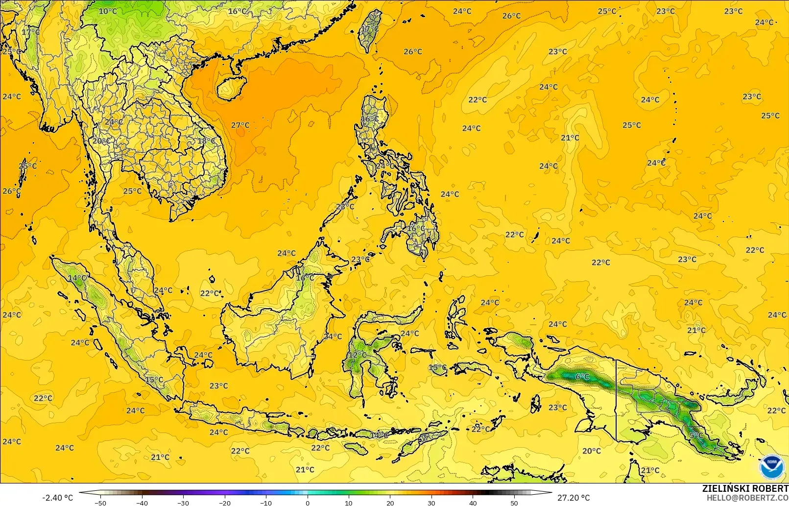GFS modelo - Sudeste Asiático, Ponto de orvalho a 2 m