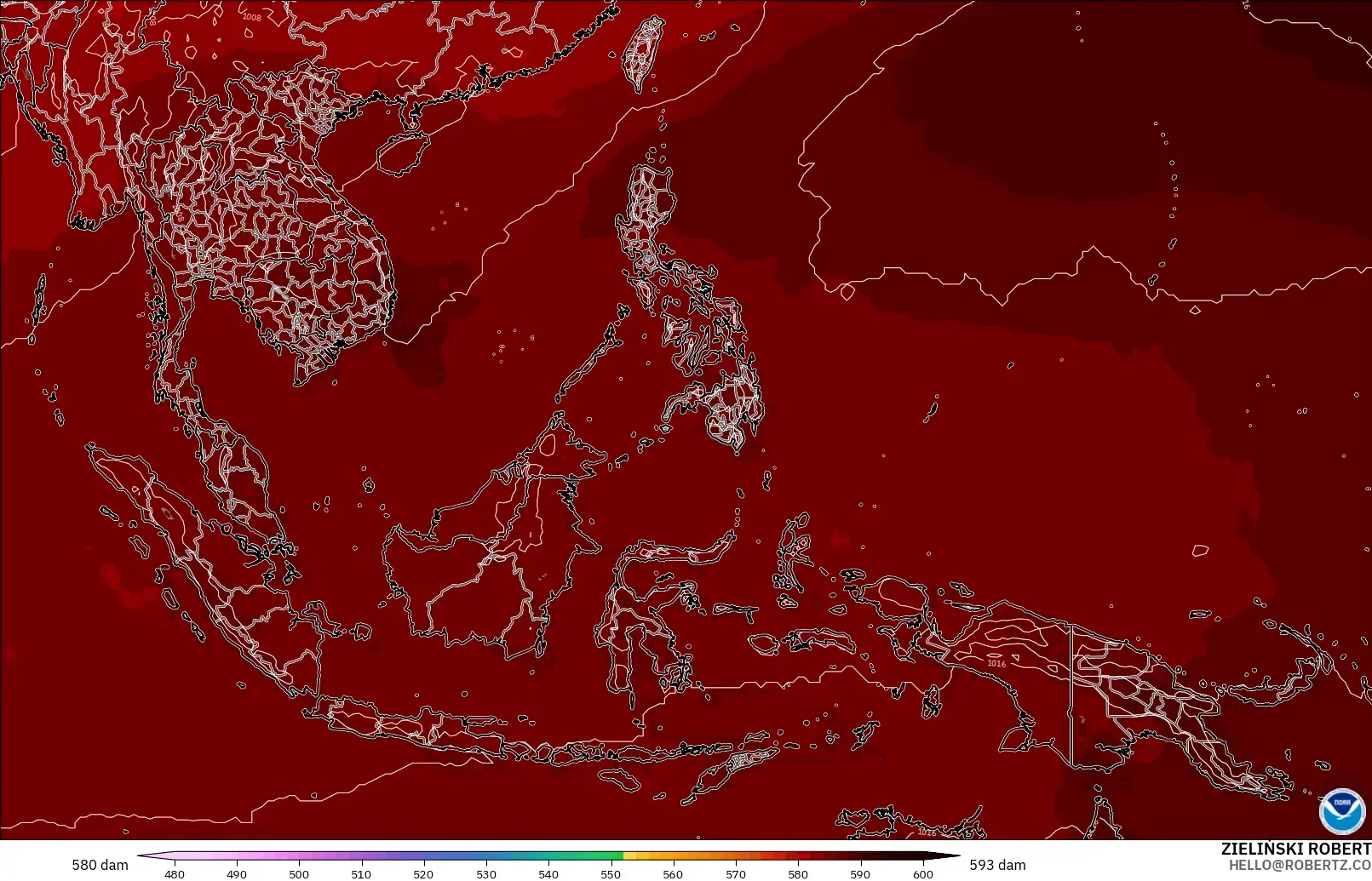 GFS modelo - Sudeste Asiático, Altura geopotencial a 500 hPa