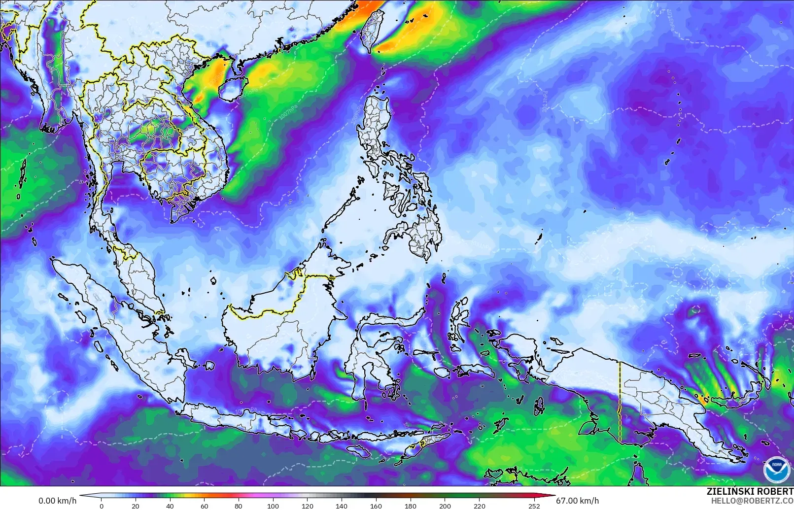 GFS modelo - Sudeste Asiático, Rajadas de vento