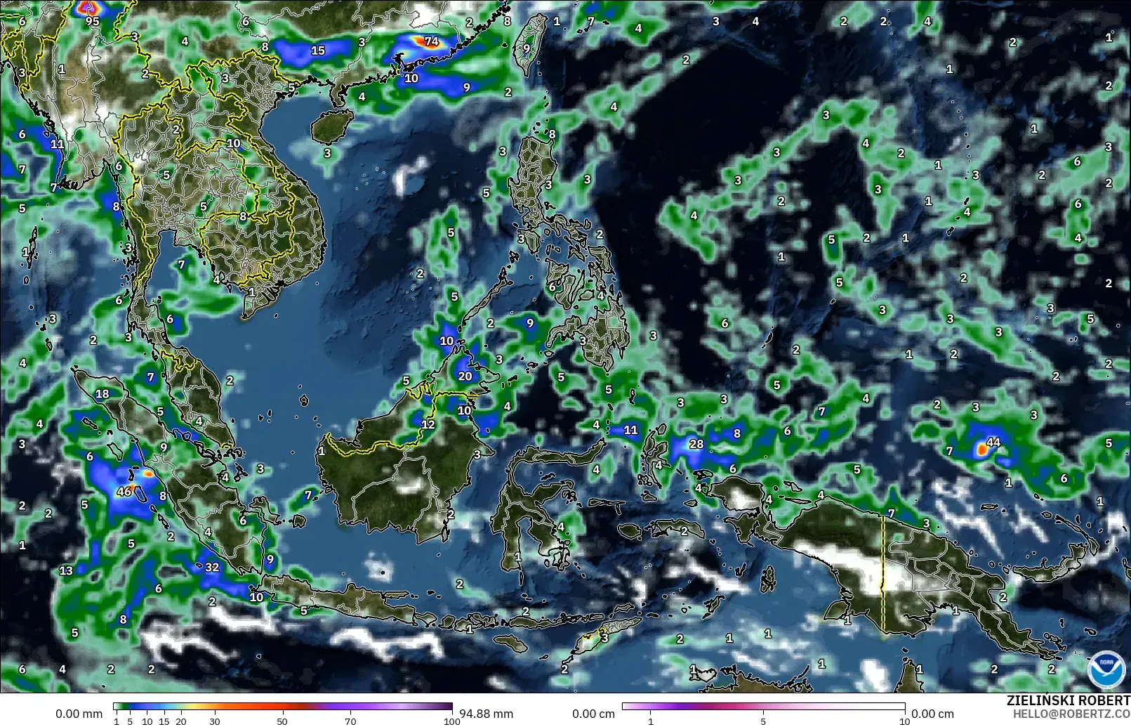 GFS modelo - Sudeste Asiático, Precipitação, nuvens e pressão