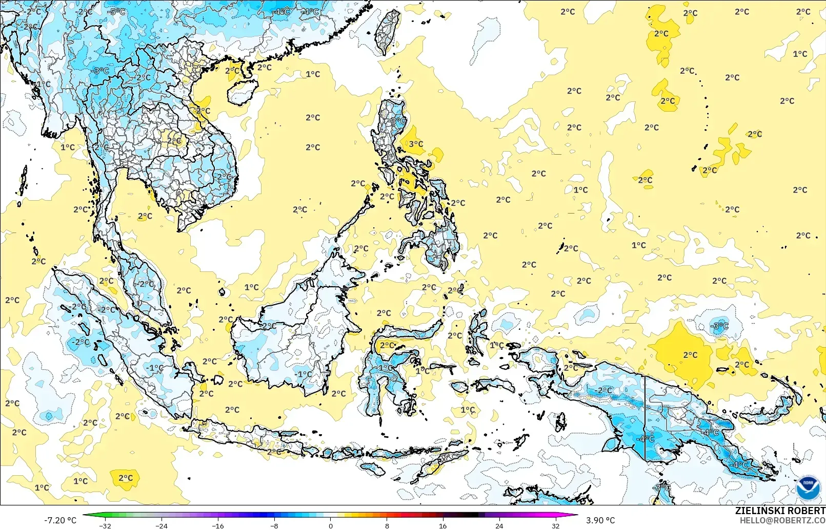 GFS modelo - Sudeste Asiático, Anomalia de temperatura a 2 m
