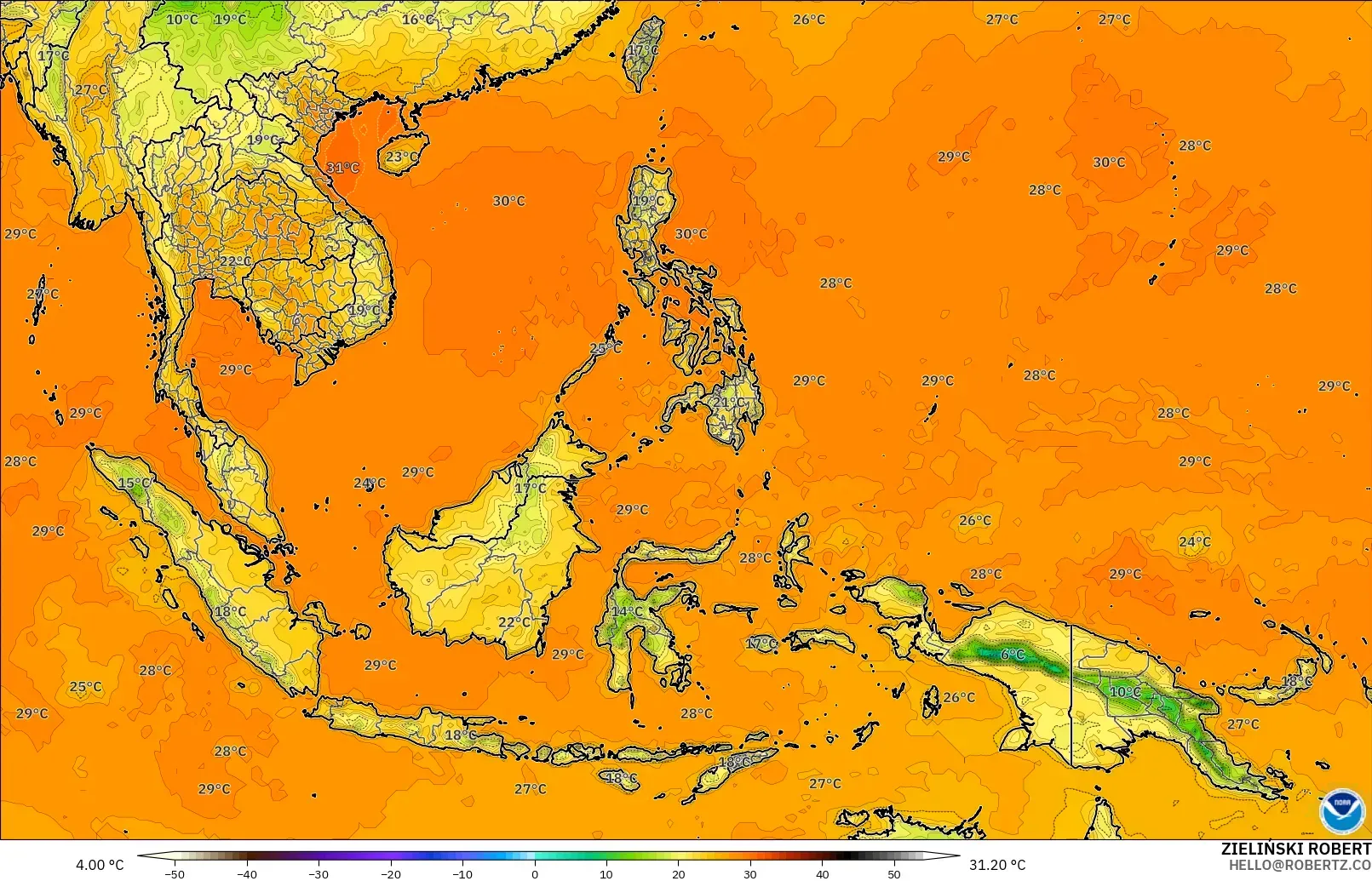 GFS modelo - Sudeste Asiático, Temperatura a 2 m