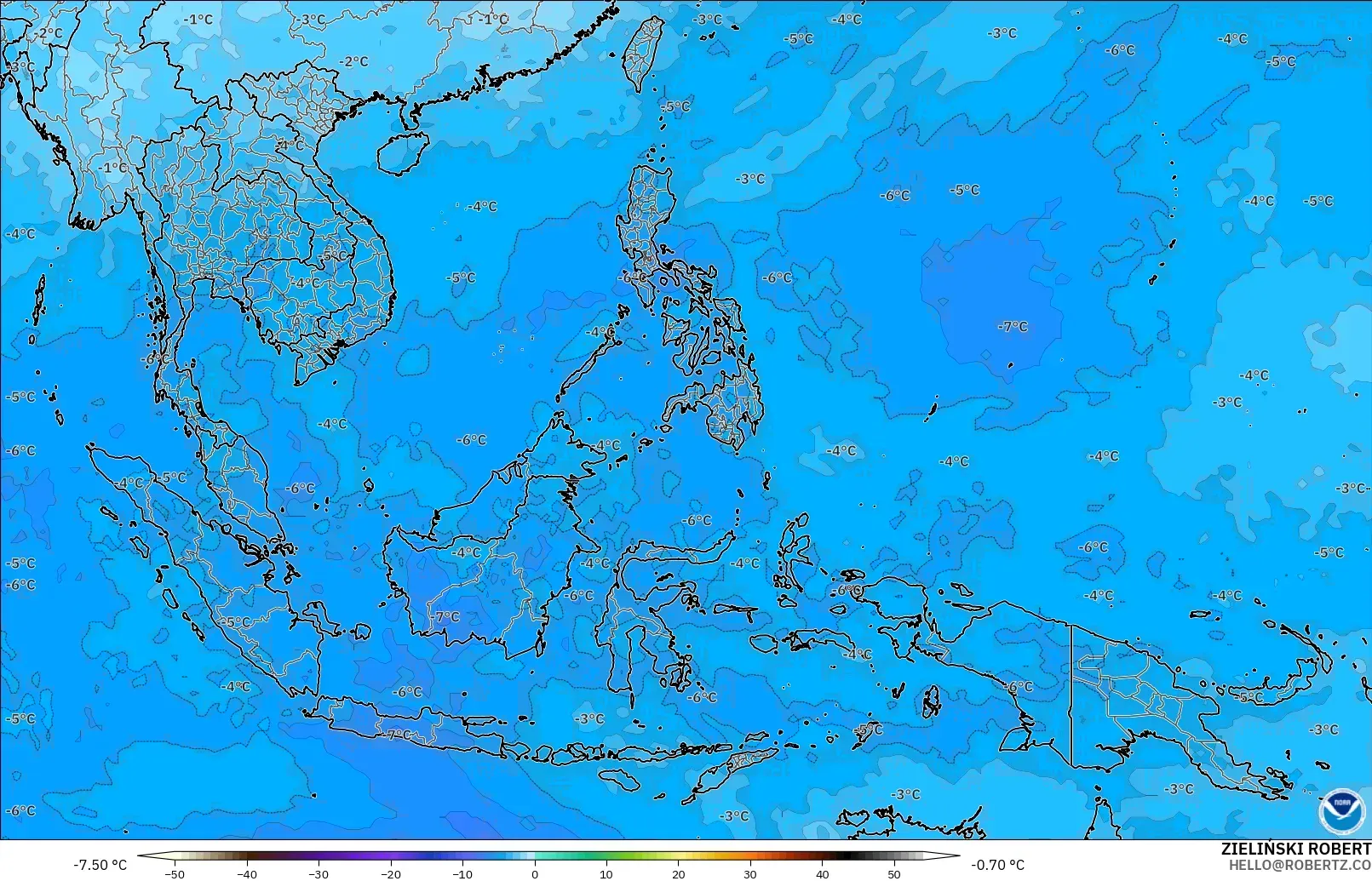 GFS modelo - Sudeste Asiático, Temperatura a 500 hPa