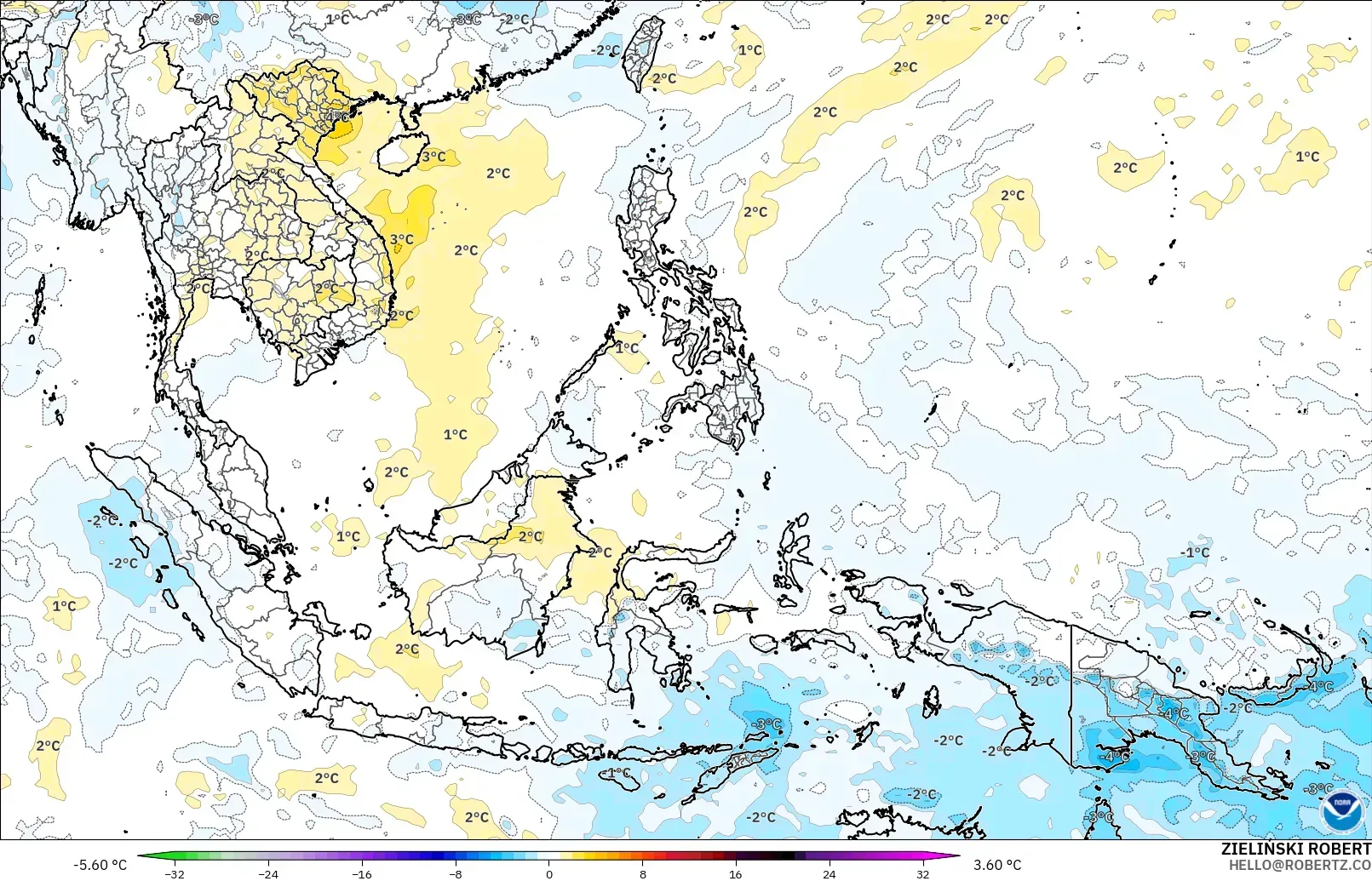 GFS modelo - Sudeste Asiático, Anomalia de temperatura a 850 hPa