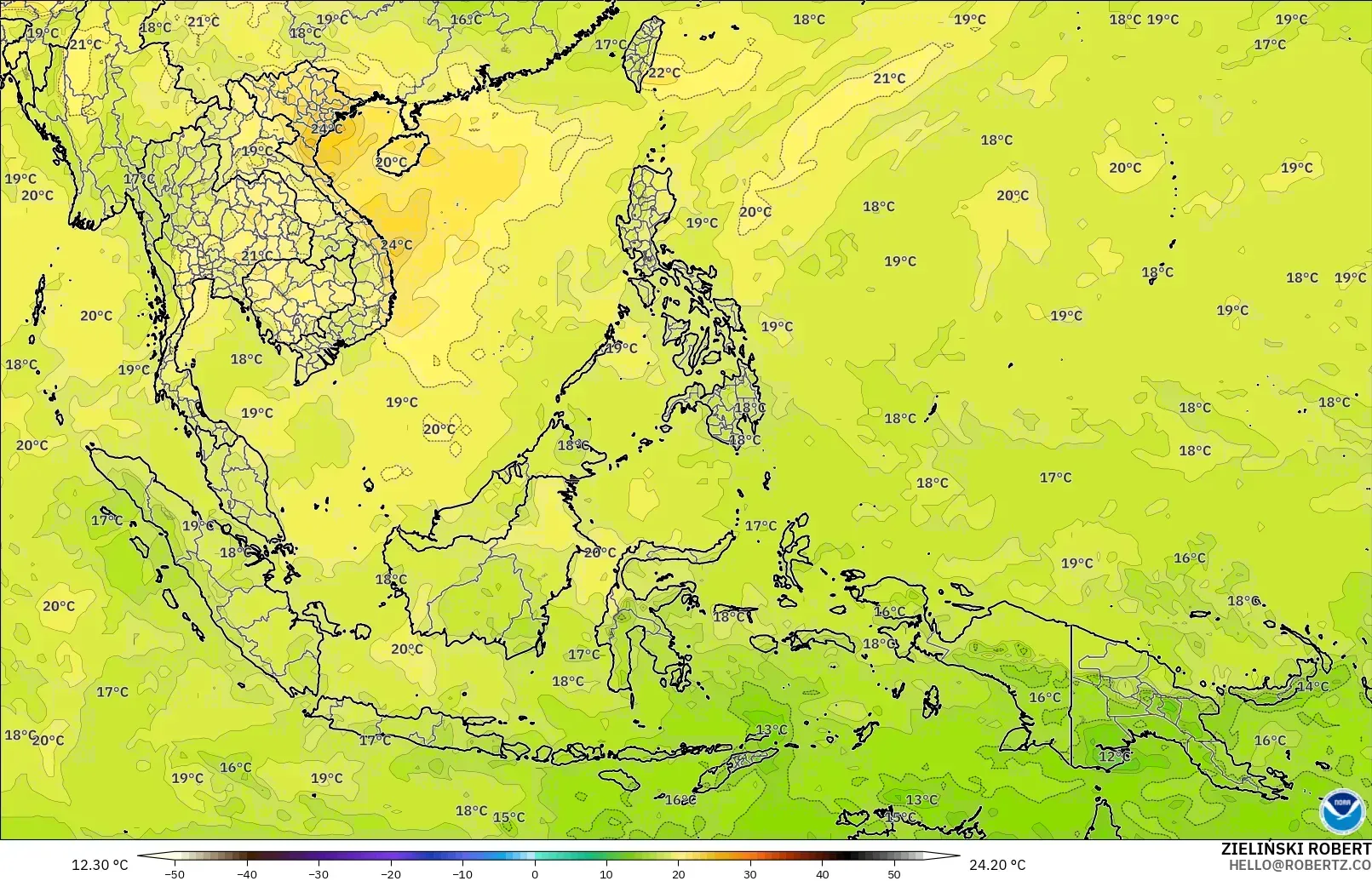 GFS modelo - Sudeste Asiático, Temperatura a 850 hPa