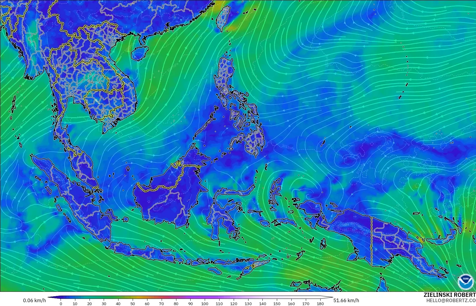 GFS modelo - Sudeste Asiático, Vento a 10 m