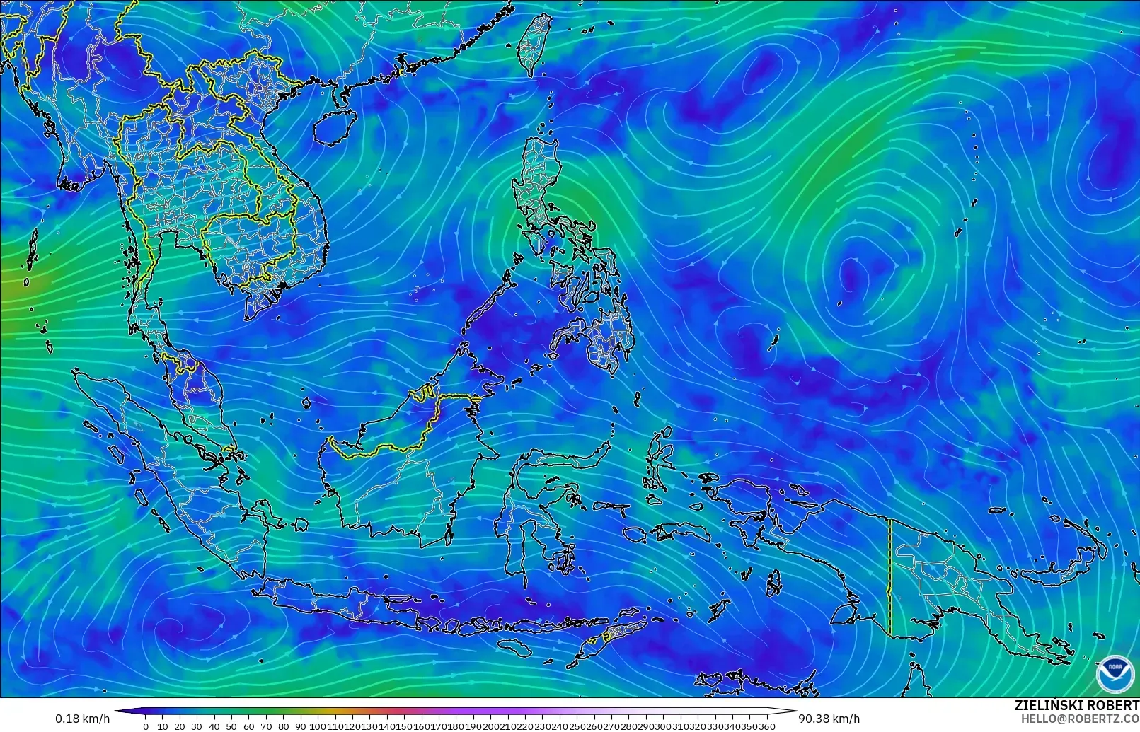 GFS modelo - Sudeste Asiático, Vento a 300 hPa (corrente em jato)