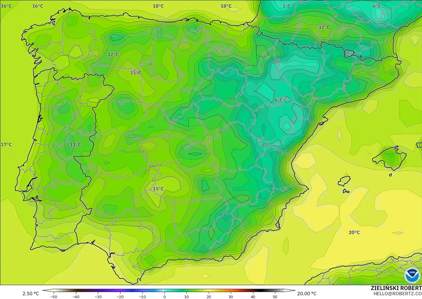 GFS modelo - Espanha, Ponto de orvalho a 2 m