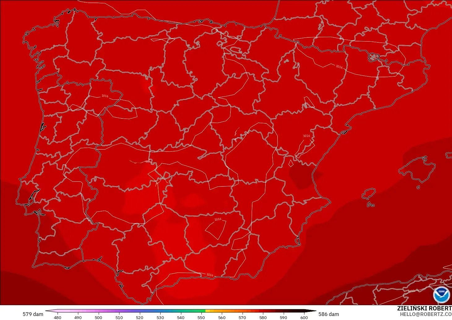 GFS modelo - Espanha, Altura geopotencial a 500 hPa