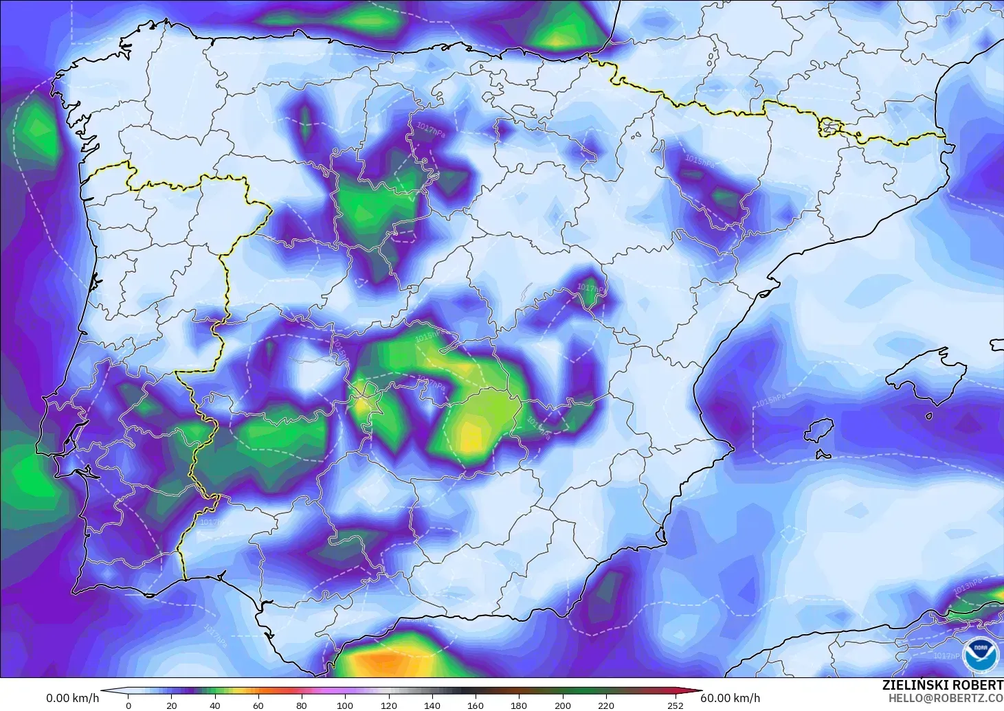 GFS modelo - Espanha, Rajadas de Vento Máximas