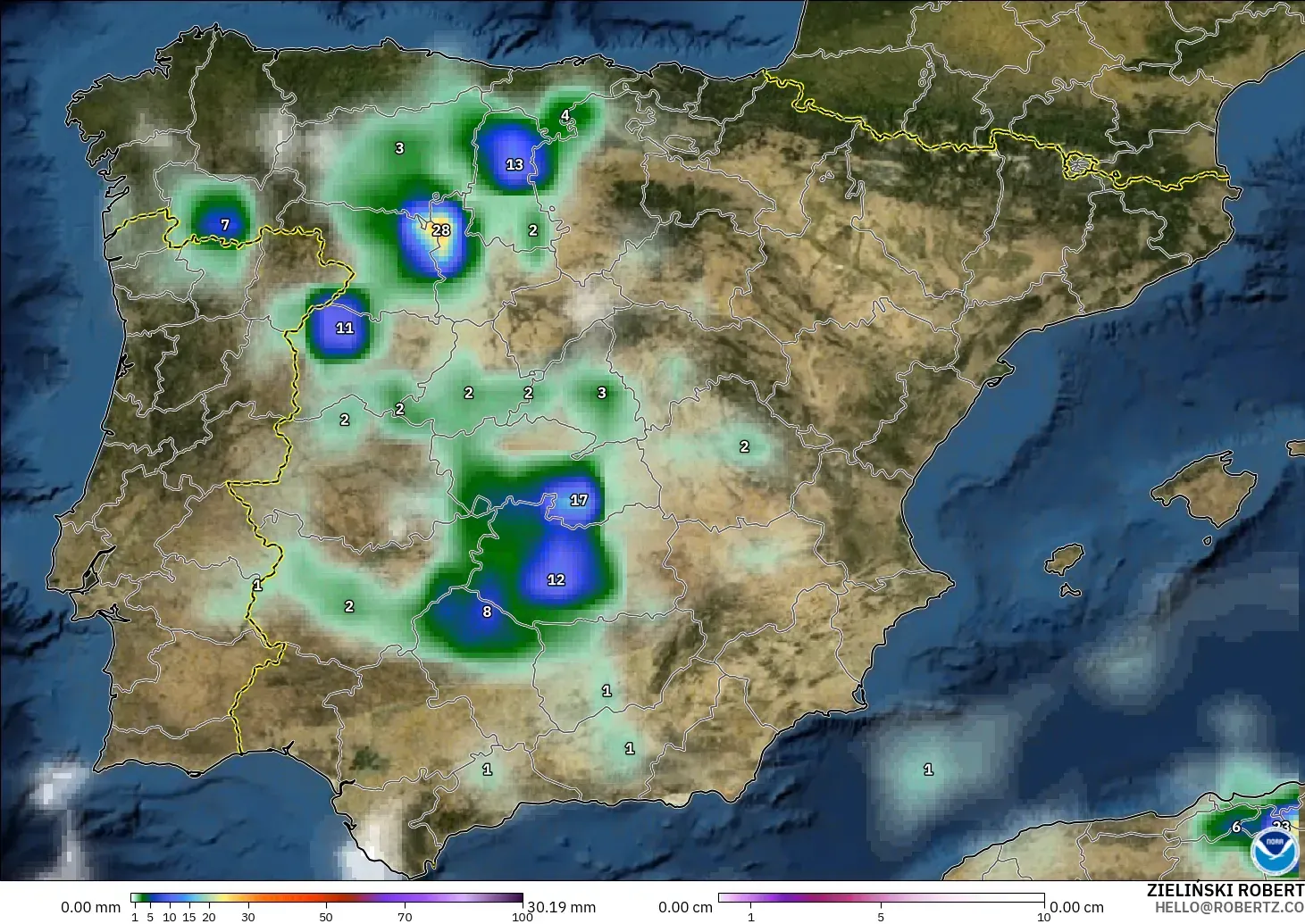 GFS modelo - Espanha, Precipitação, nuvens e pressão