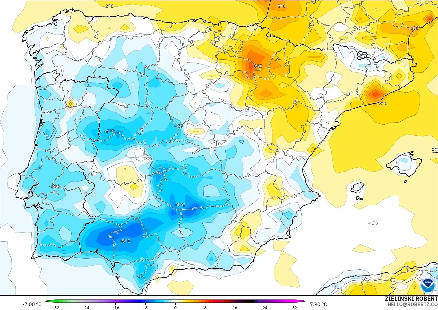 GFS modelo - Espanha, Anomalia de temperatura a 2 m