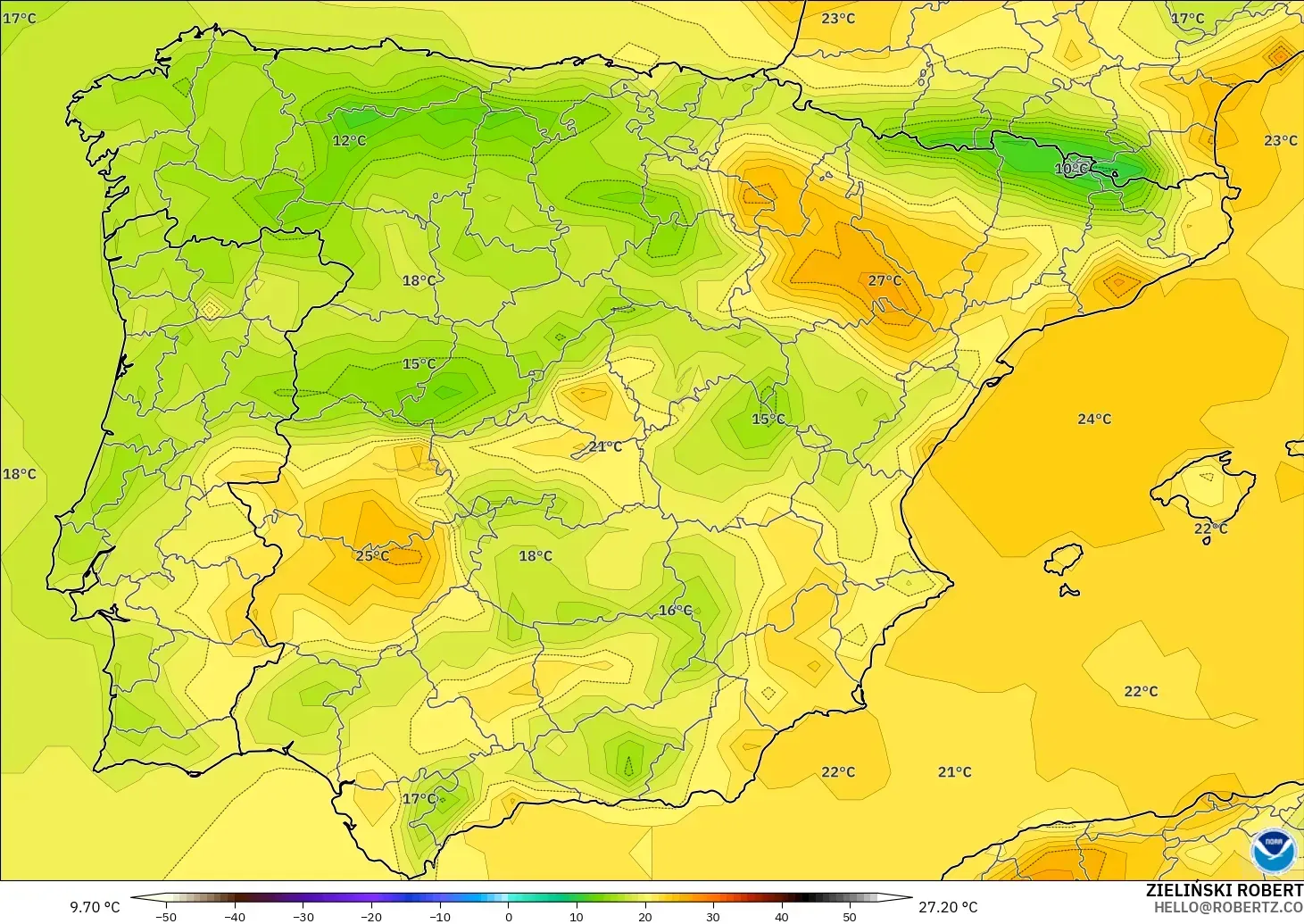 GFS modelo - Espanha, Temperatura a 2 m