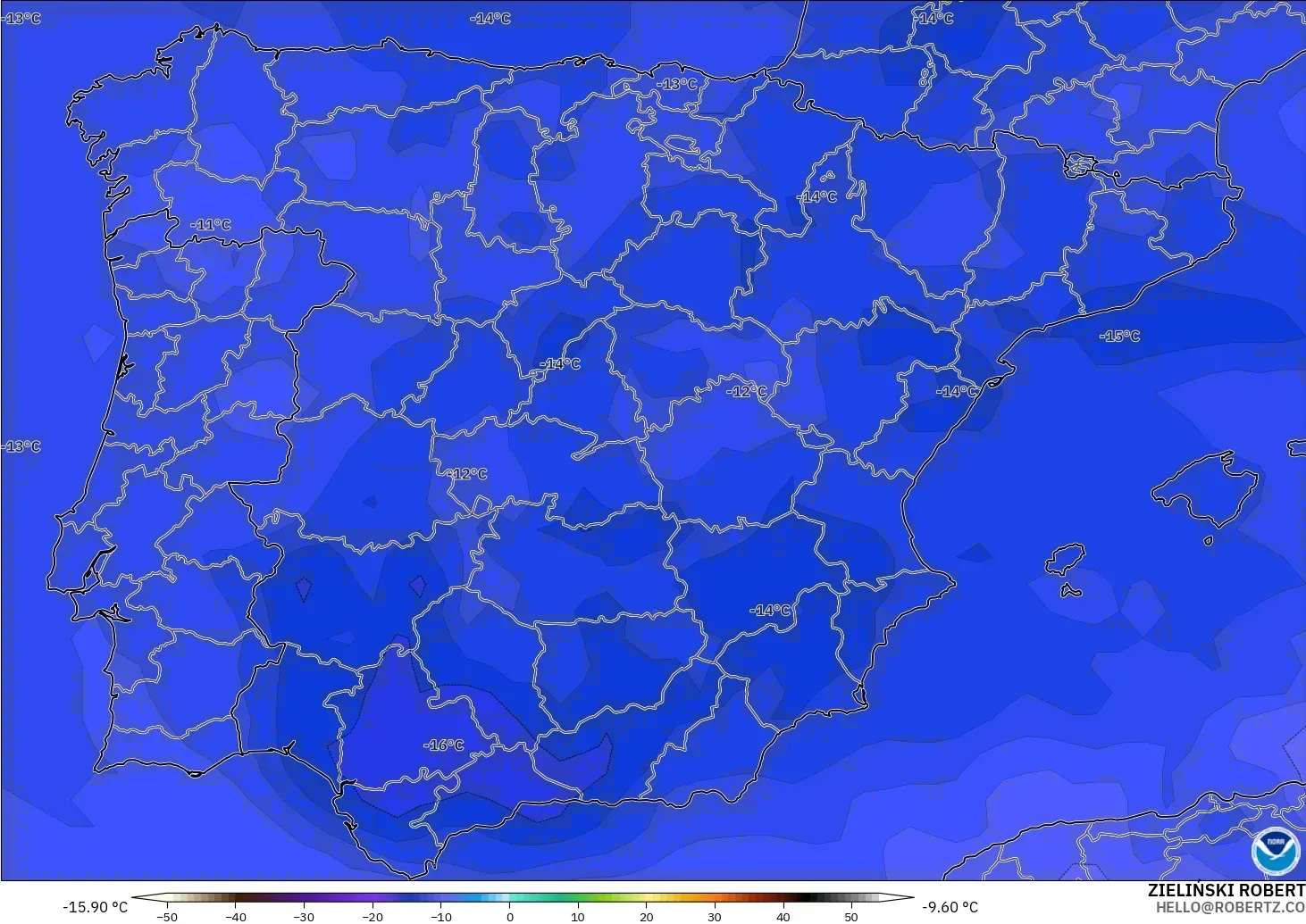 GFS modelo - Espanha, Temperatura a 500 hPa
