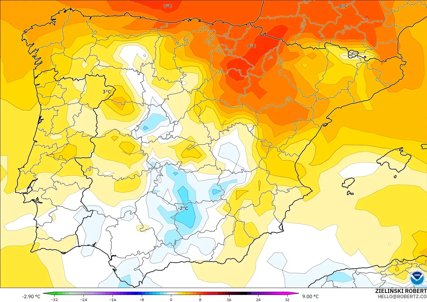 GFS modelo - Espanha, Anomalia de temperatura a 850 hPa