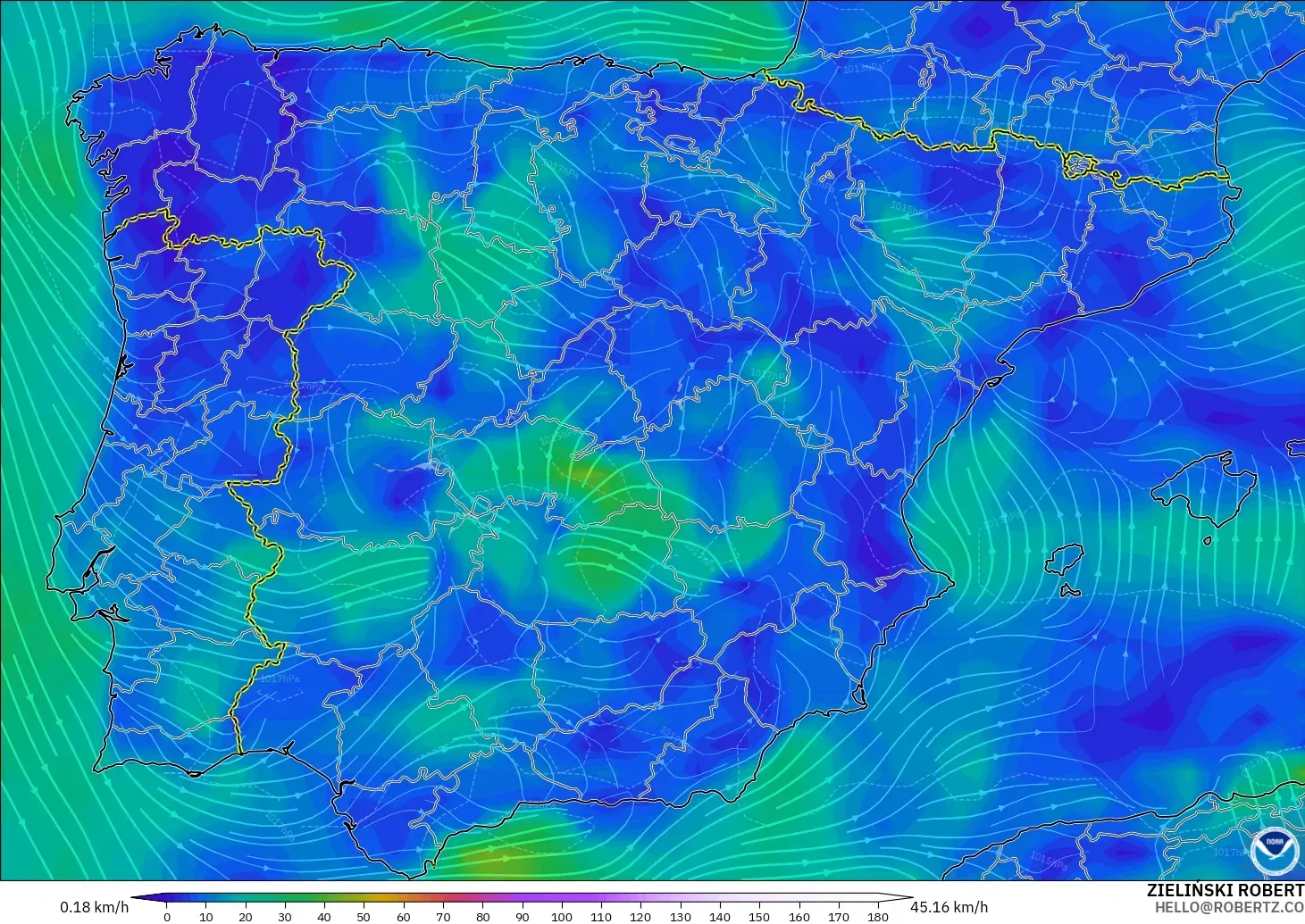 GFS modelo - Espanha, Vento a 10 m