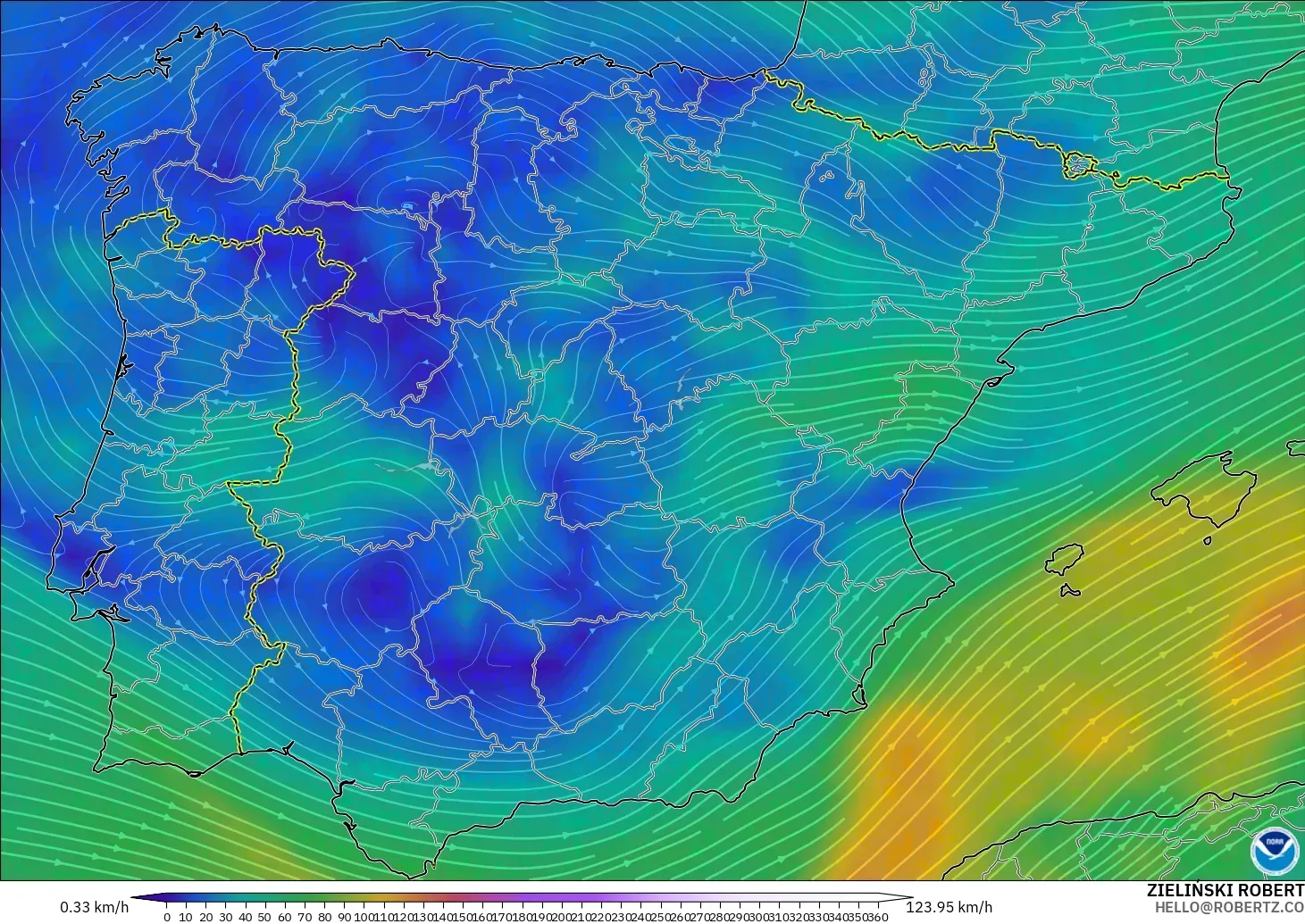 GFS modelo - Espanha, Vento a 300 hPa (corrente em jato)