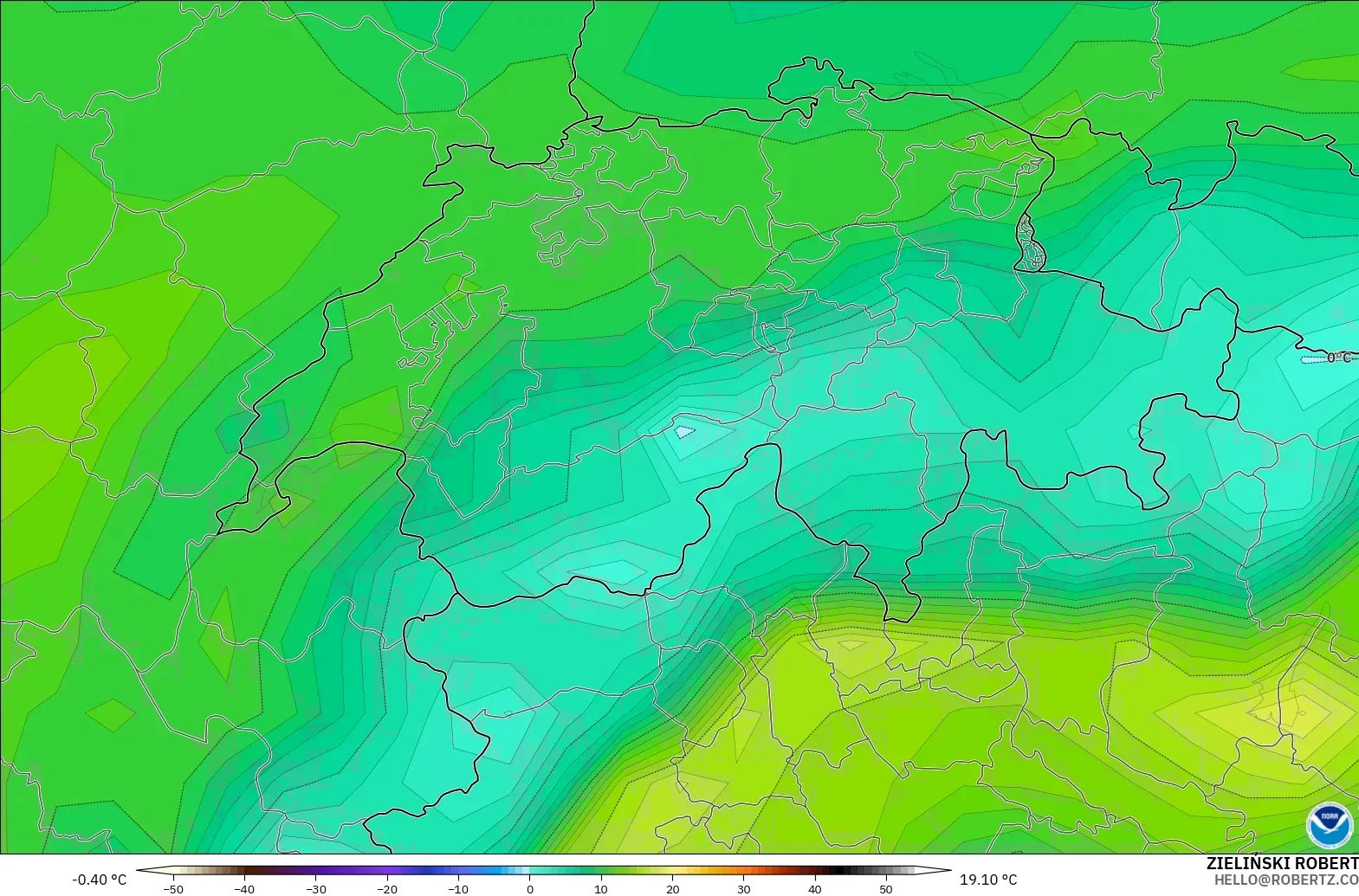 GFS modelo - Suíça, Ponto de orvalho a 2 m