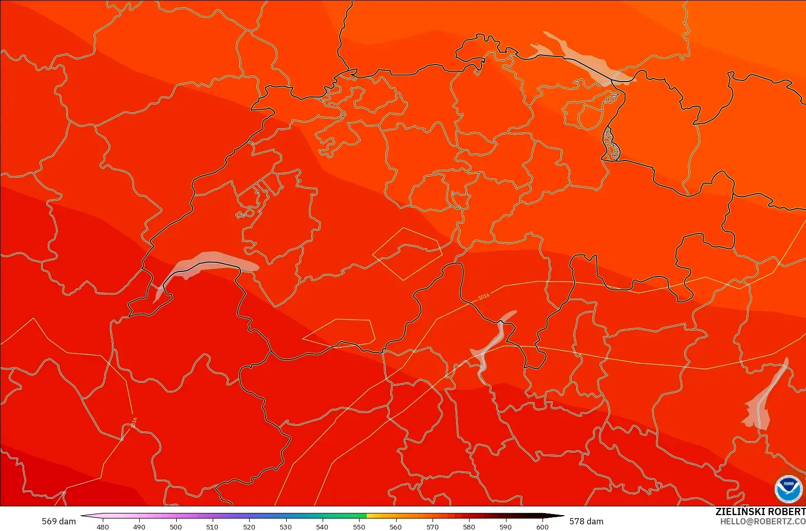 GFS modelo - Suíça, Altura geopotencial a 500 hPa