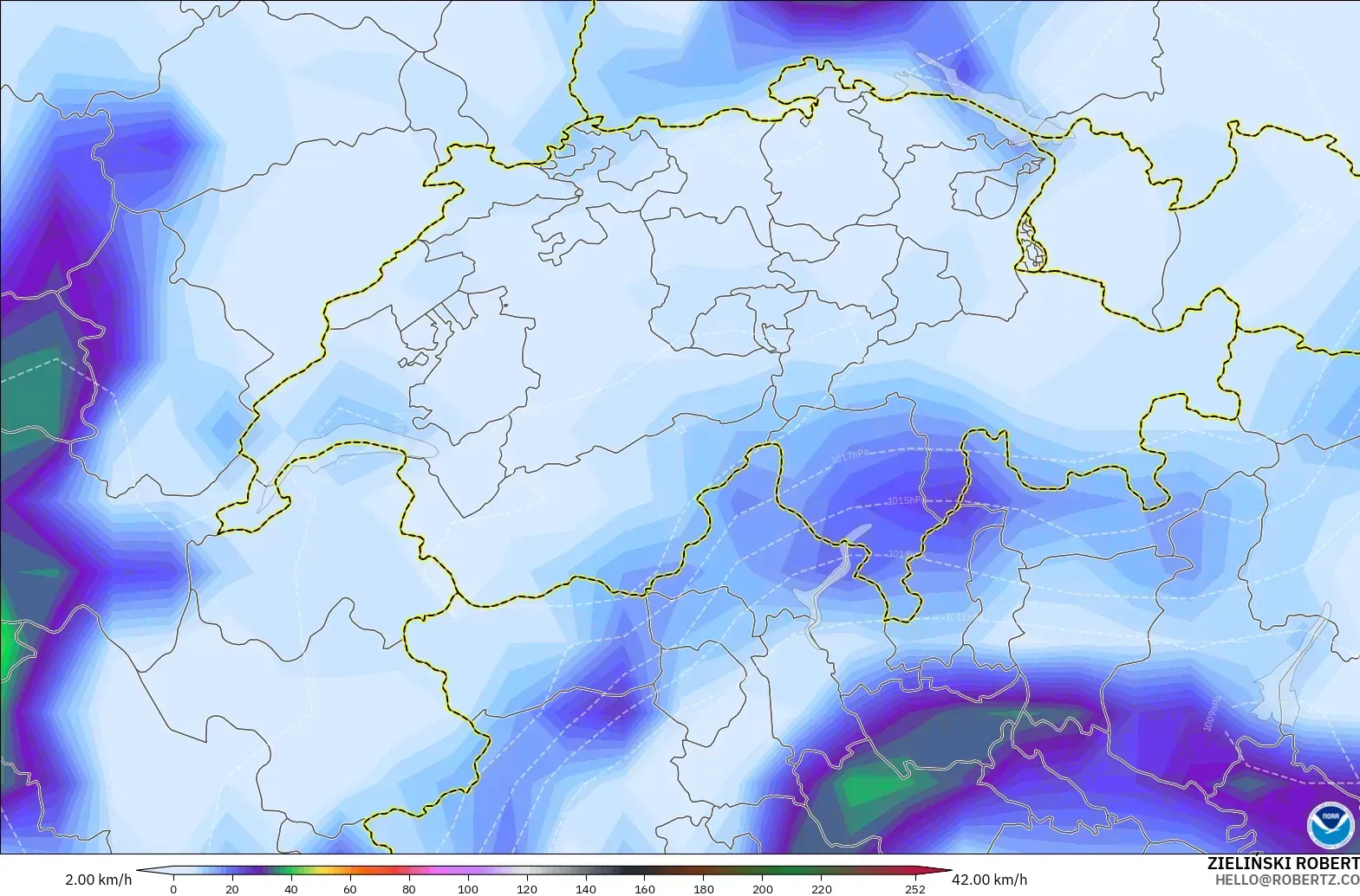 GFS modelo - Suíça, Rajadas de vento