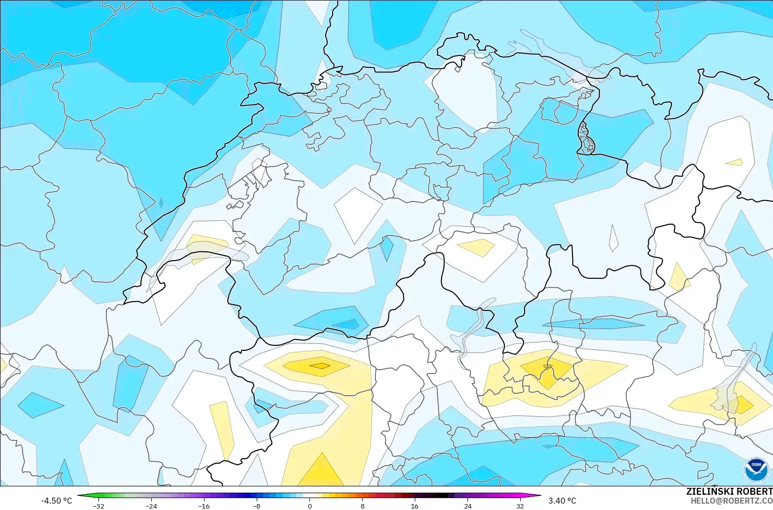 GFS modelo - Suíça, Anomalia de temperatura a 2 m