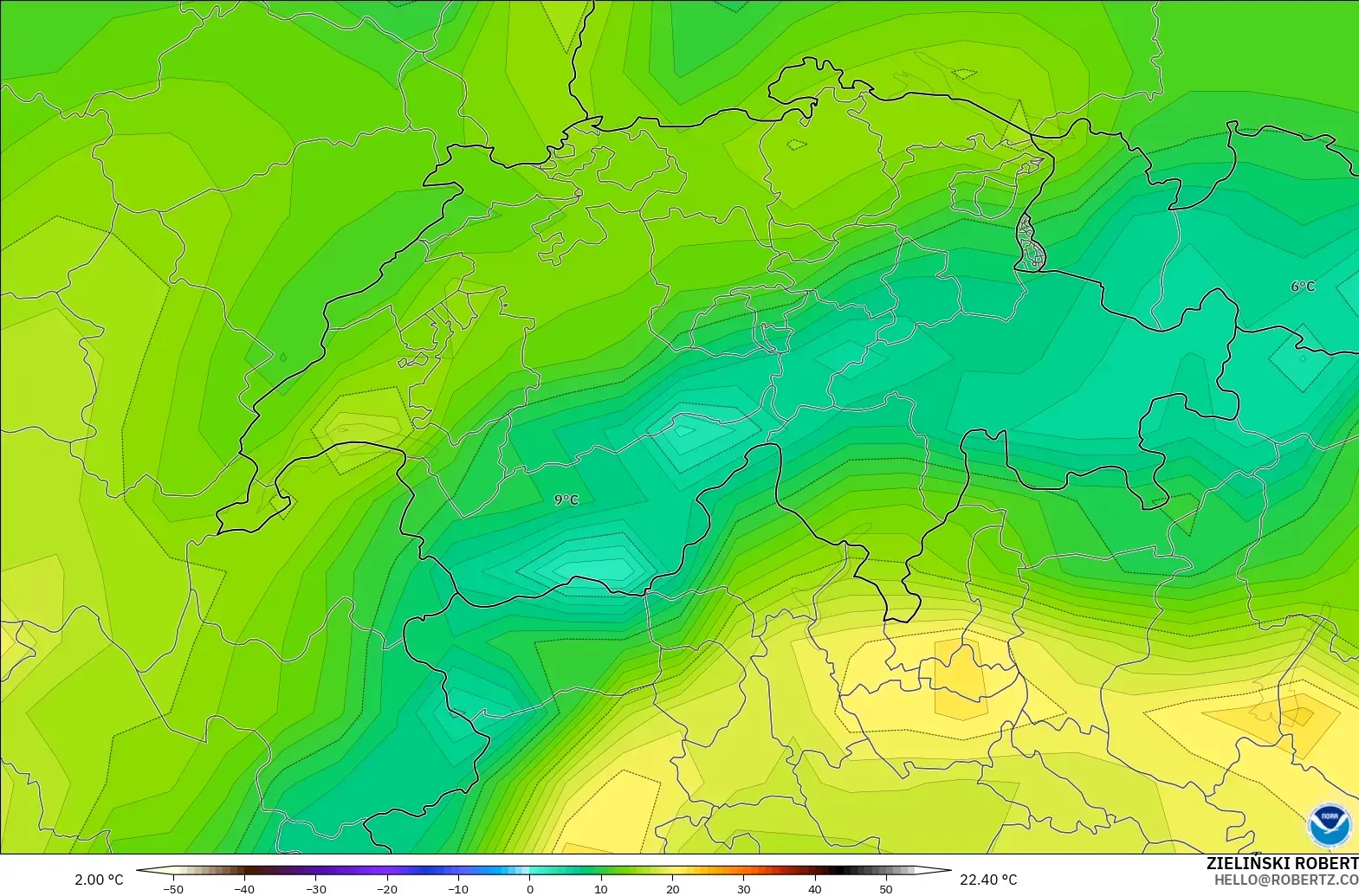 GFS modelo - Suíça, Temperatura a 2 m