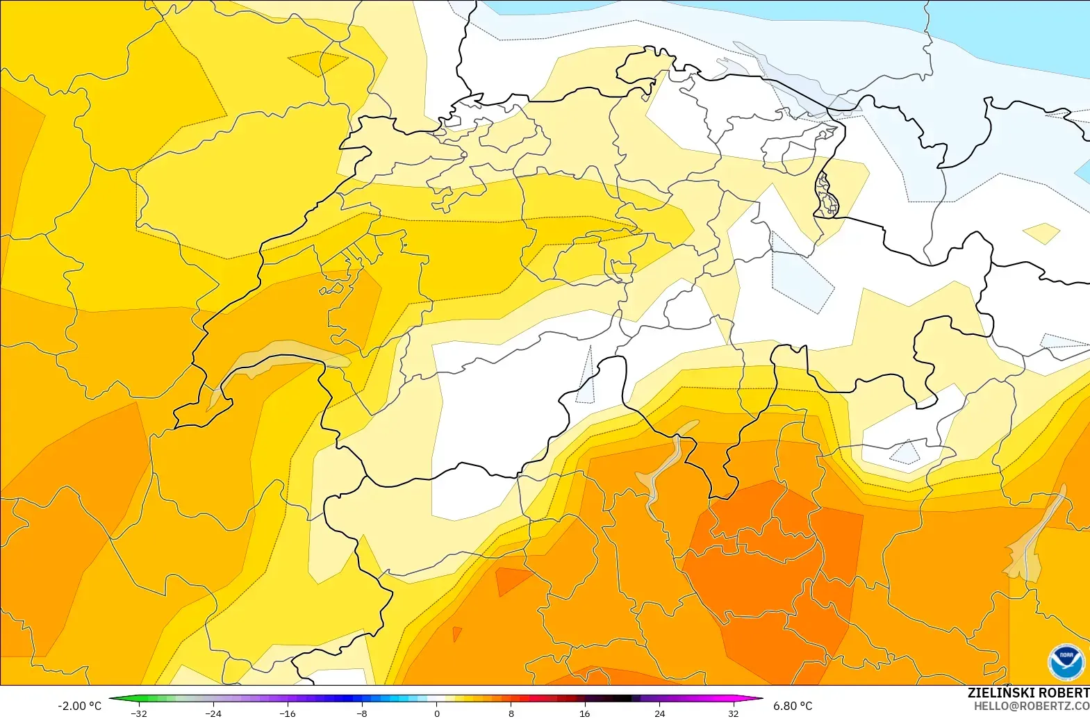 GFS modelo - Suíça, Anomalia de temperatura a 850 hPa