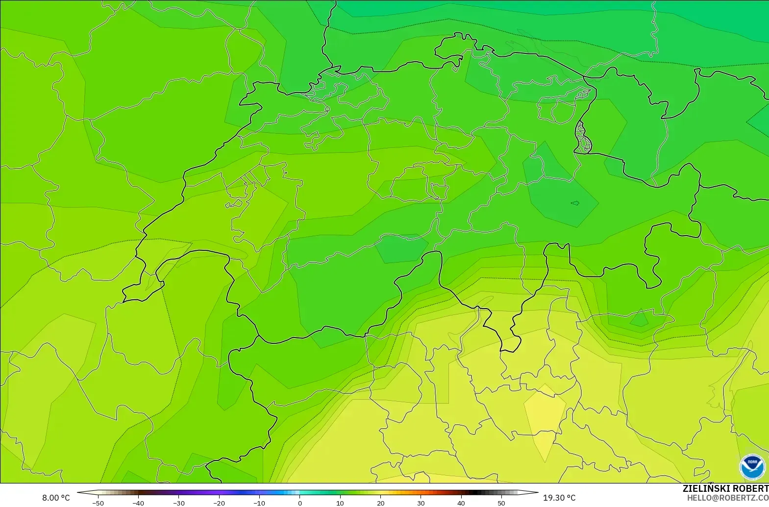 GFS modelo - Suíça, Temperatura a 850 hPa