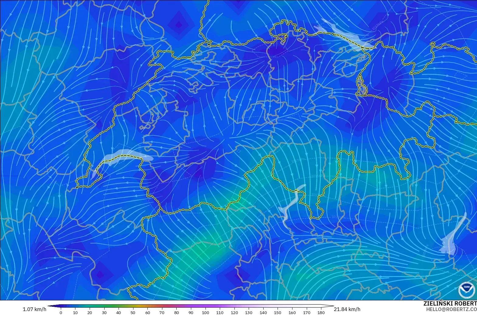 GFS modelo - Suíça, Vento a 10 m