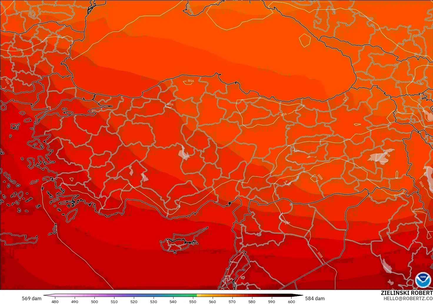 GFS modelo - Turquia, Altura geopotencial a 500 hPa