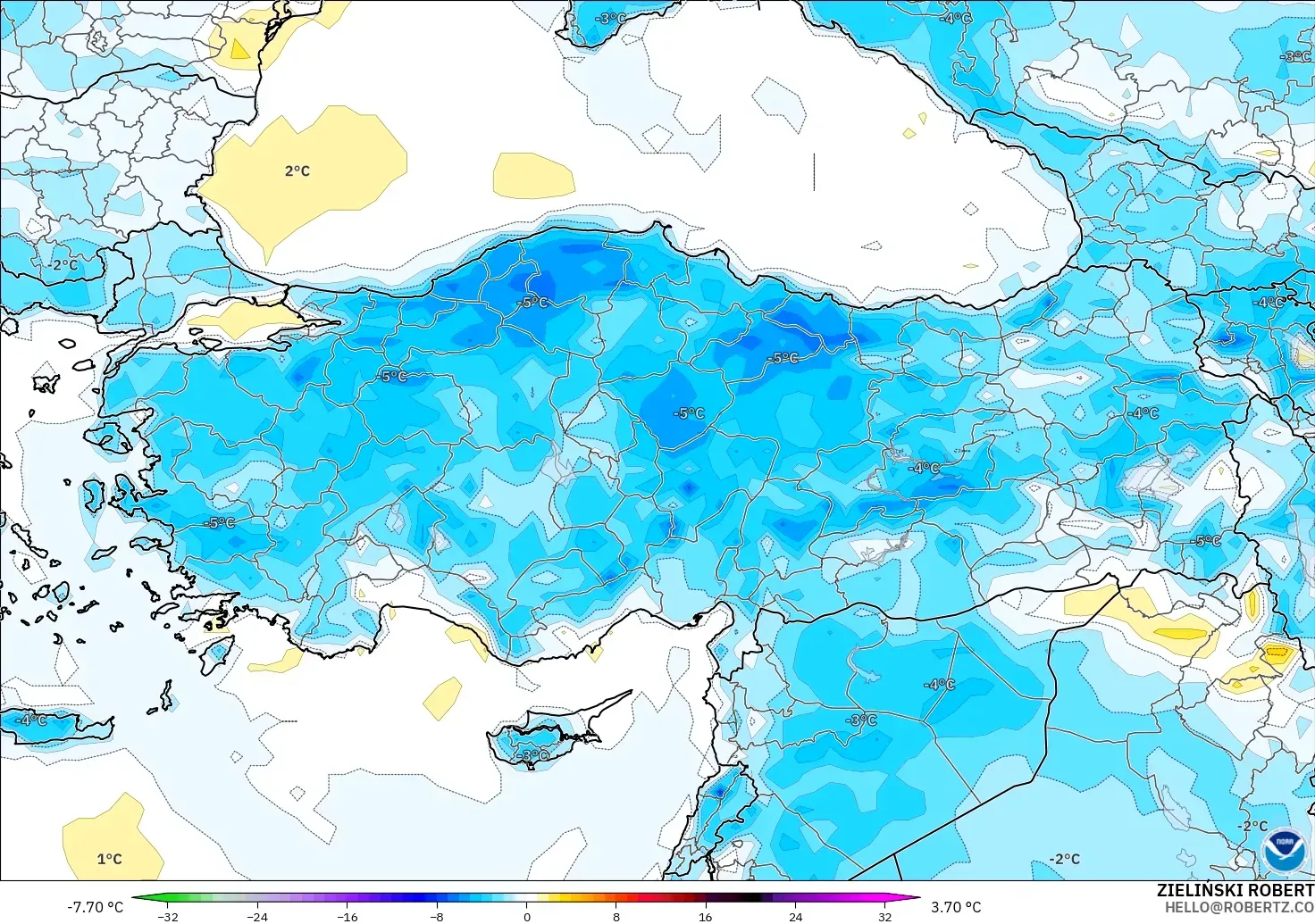 GFS modelo - Turquia, Anomalia de temperatura a 2 m