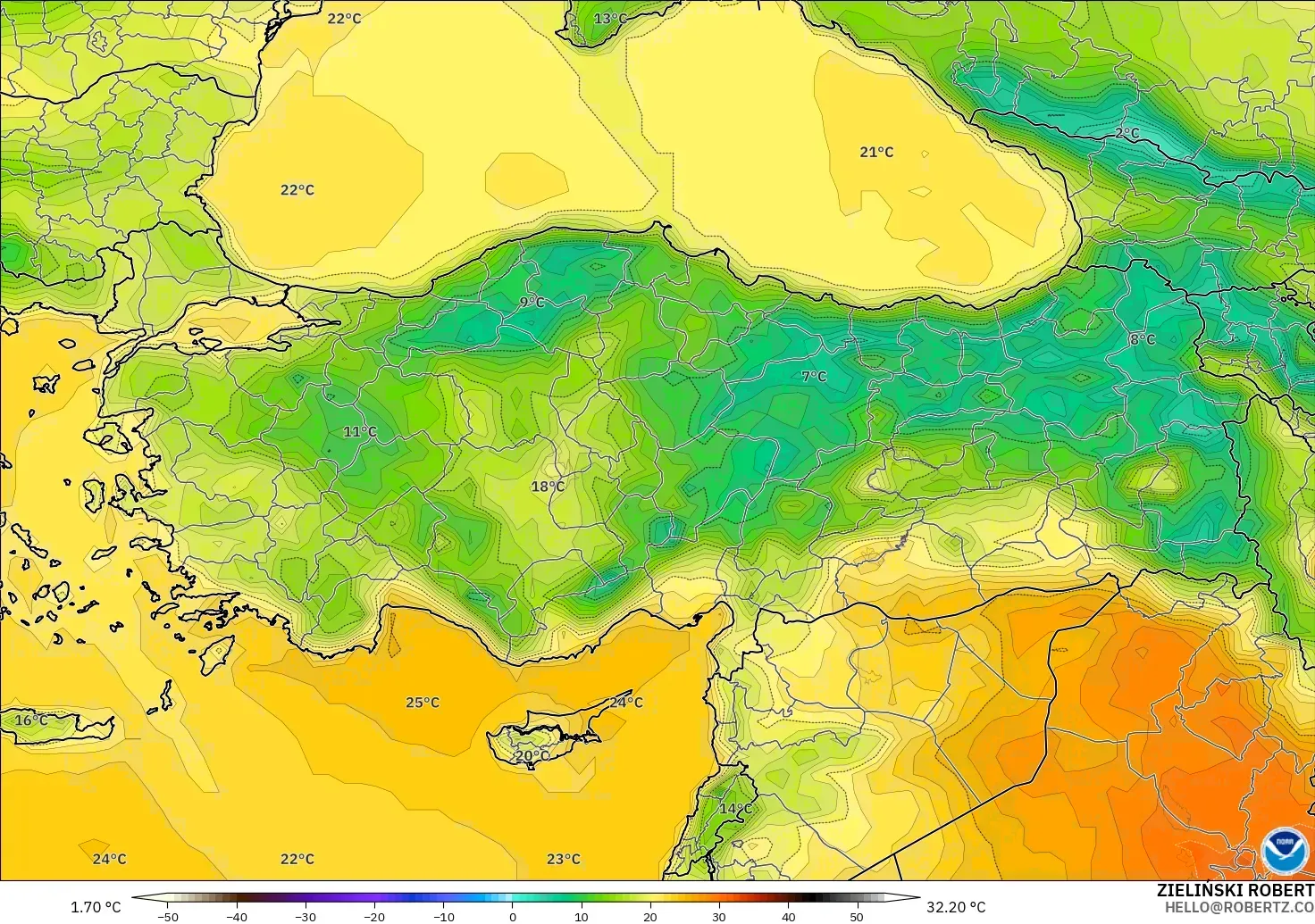 GFS modelo - Turquia, Temperatura a 2 m