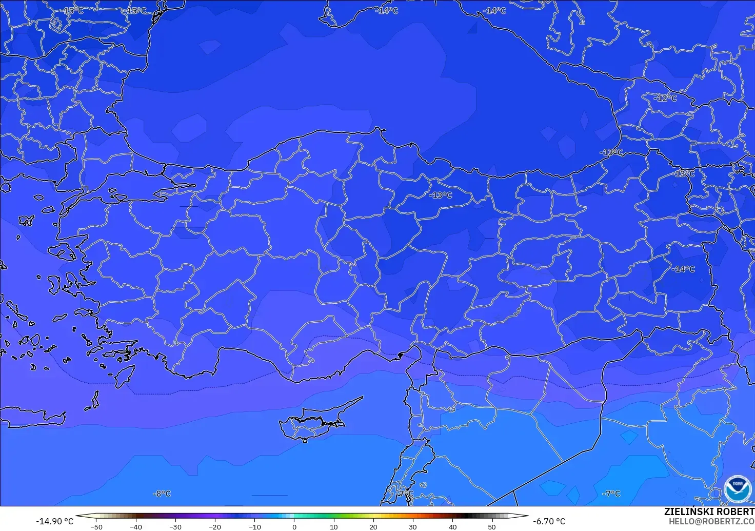 GFS modelo - Turquia, Temperatura a 500 hPa