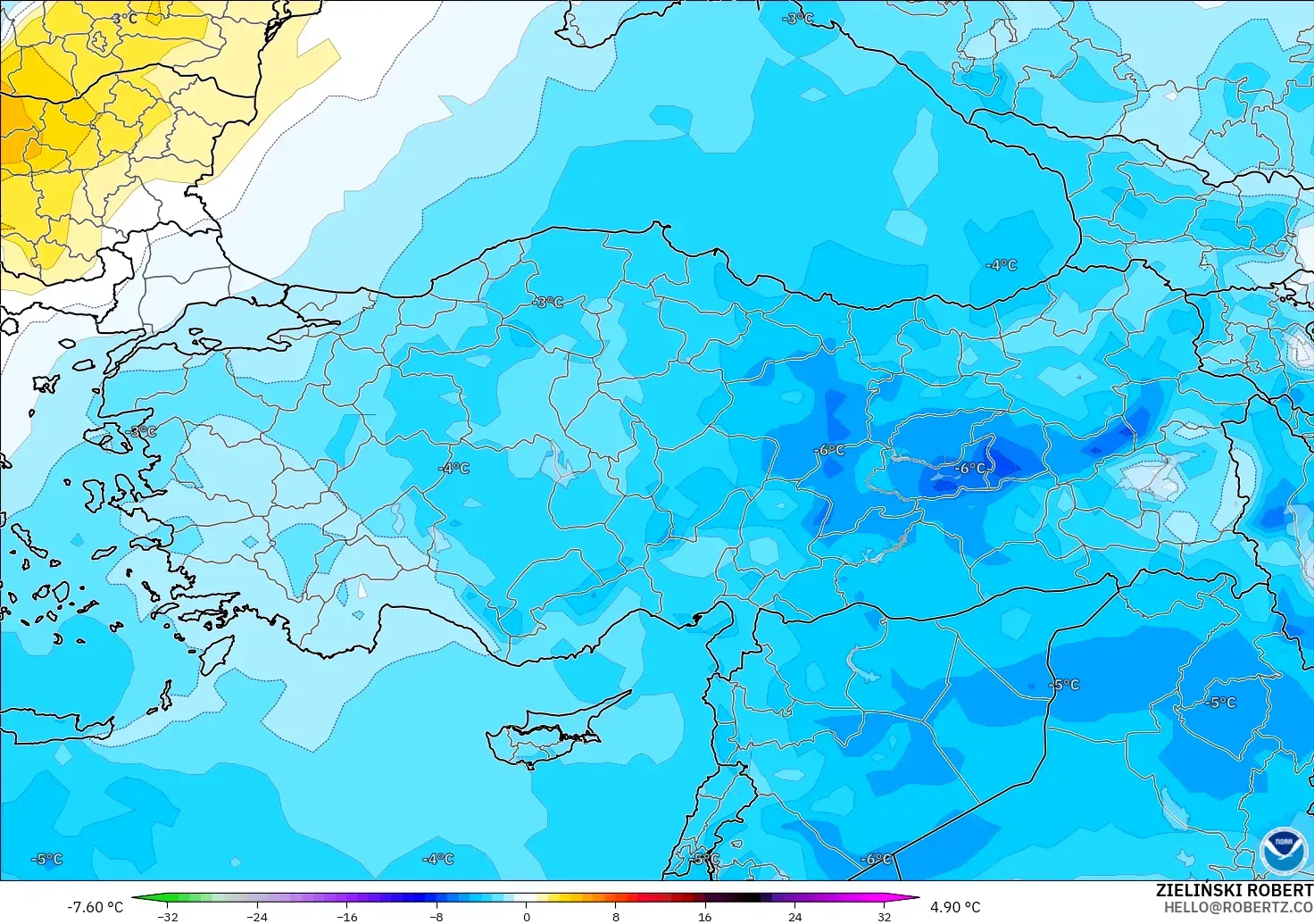 GFS modelo - Turquia, Anomalia de temperatura a 850 hPa