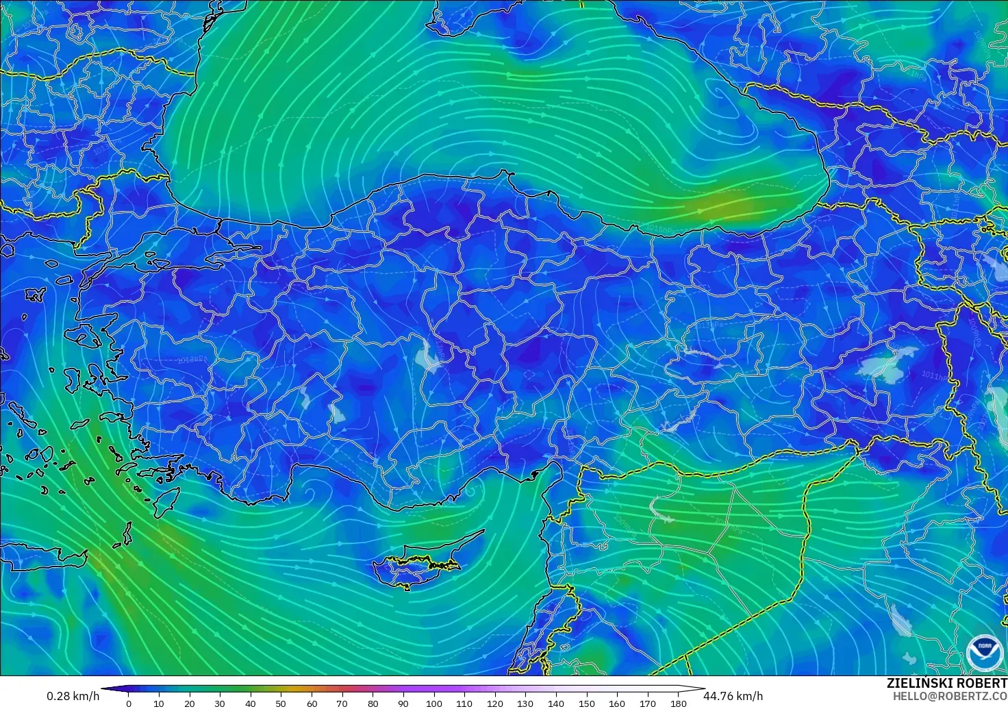 GFS modelo - Turquia, Vento a 10 m