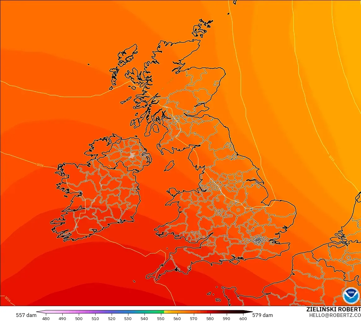 GFS modelo - Reino Unido, Altura geopotencial a 500 hPa